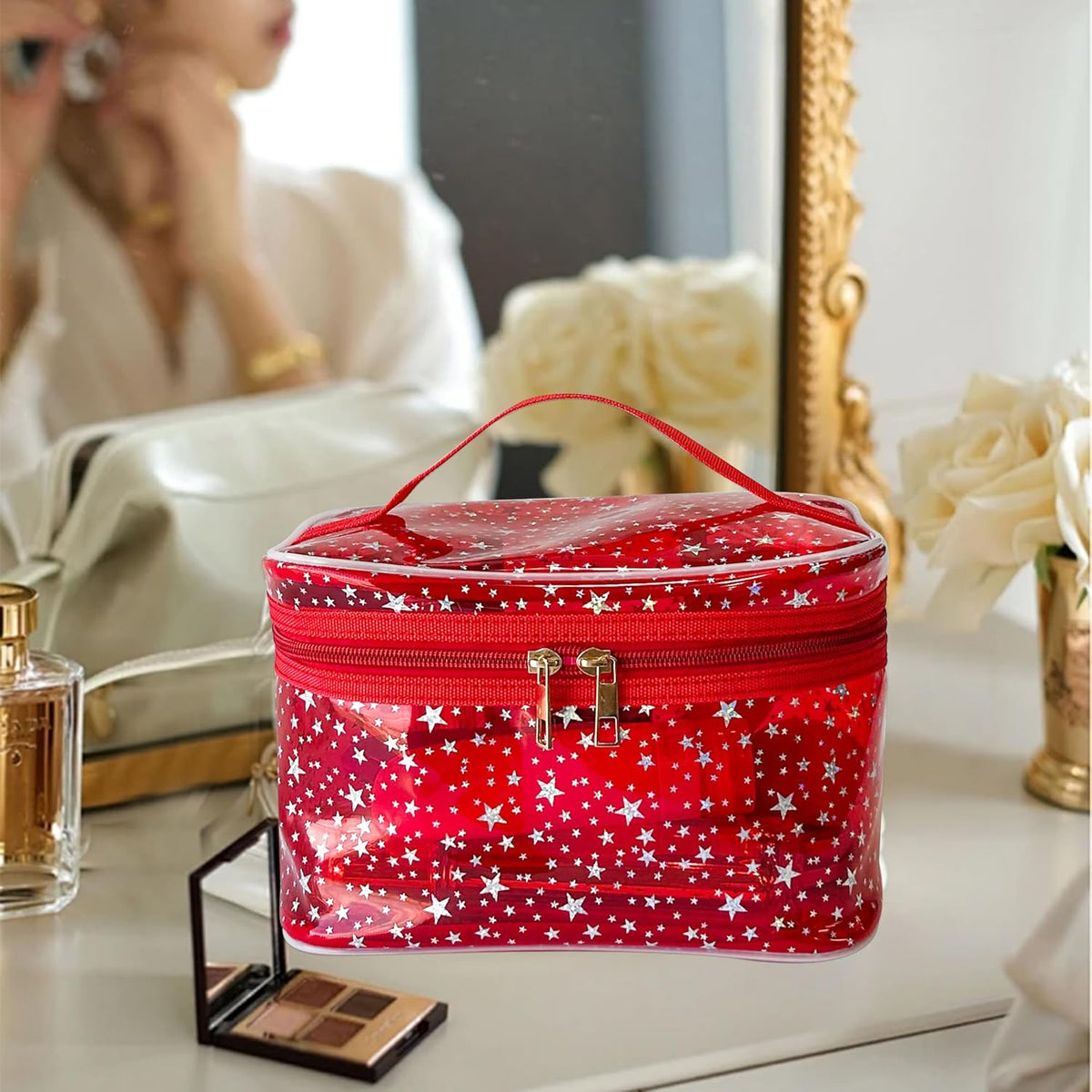 Holographic Makeup Bags Bulk,Clear Storage Bag Toiletry Pocket Portable Zippered Iridescent Pouch Waterproof Cosmetic Gift Bags for Women (White-L)