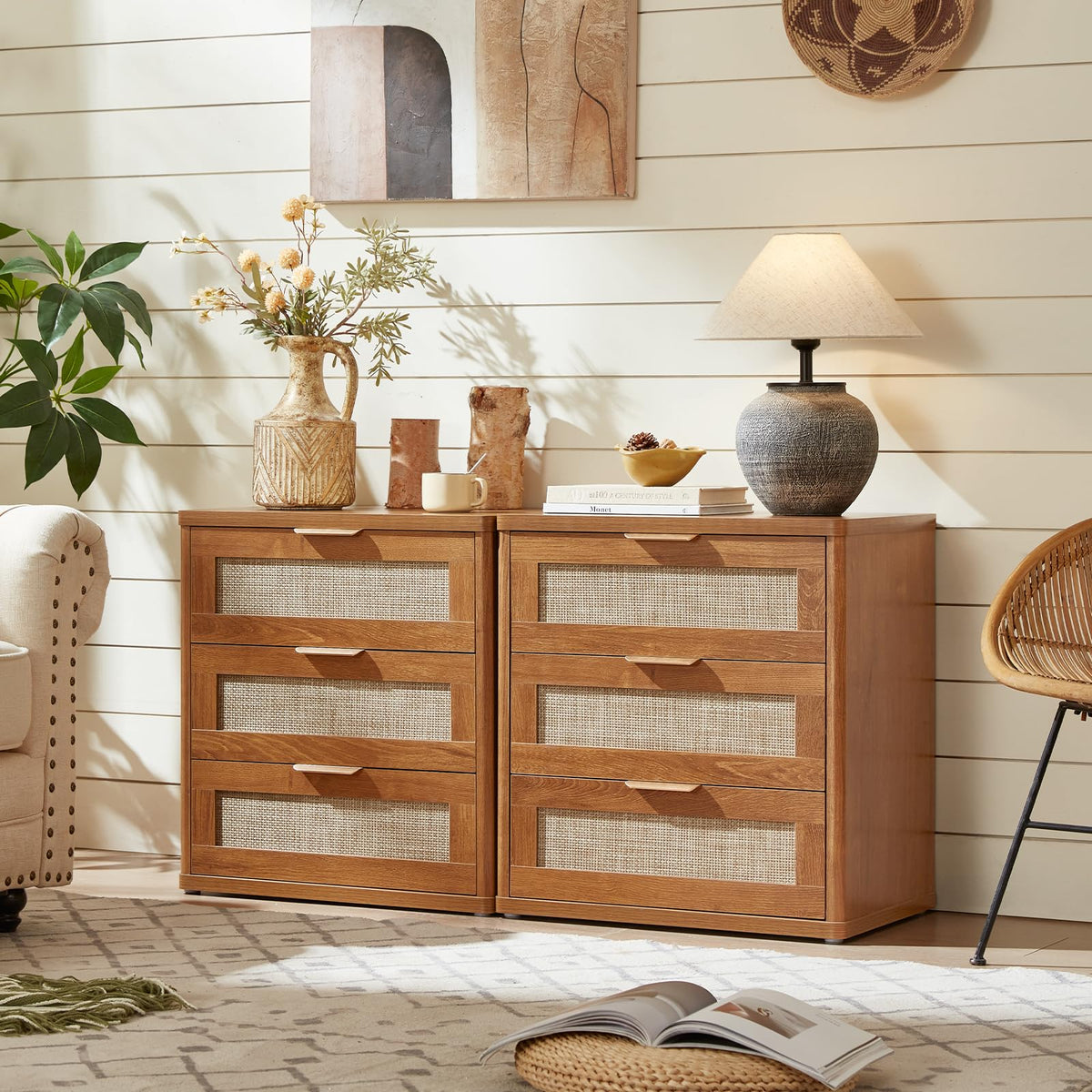 LEYAOYAO Rattan Night Stand with Drawers, 23" Large 3 Drawer Boho Nightstand, Natural Wood Bedside Table Storage Cabinet, Bed Side End Tables Dresser for Bedroom, Living Room, Hallway, Closet