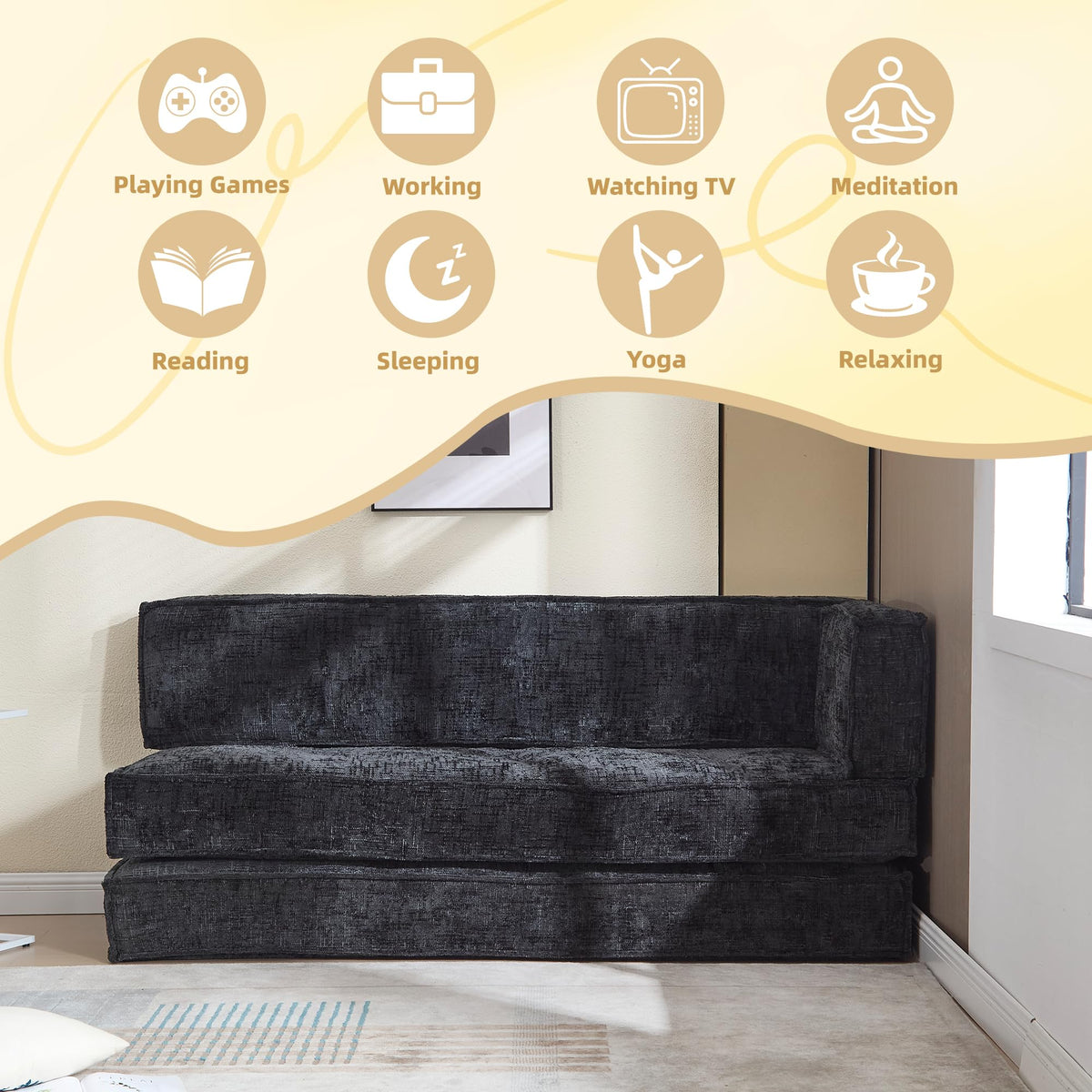 VYNELITO Modular Couch Convertible Sleeper Floor Sofa Bed, Chenille Folding Mattress Couch with Side Bag Storage, 4-in-1 Combined Lazy Sofa for Living Room Bedroom,Black