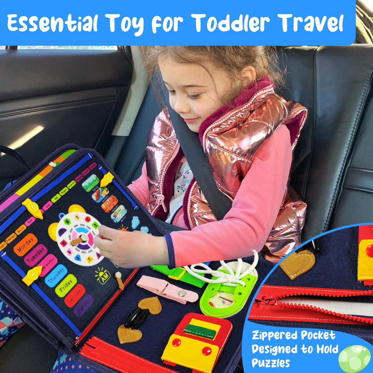 TenFans Busy Board - Montessori Toys for 1 2 3 4 Year Old - Sensory Toys for Toddlers 1-4 - Gifts for Boys Learning Fine Motor Skills - Educational Activities Travel Toys for Car Airplane