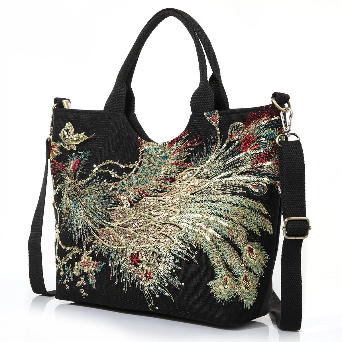 Jursccu Small Tote Handbag Sequins Embroidery Crossbody Bags for Women Casual Shoulder Bags (Black)