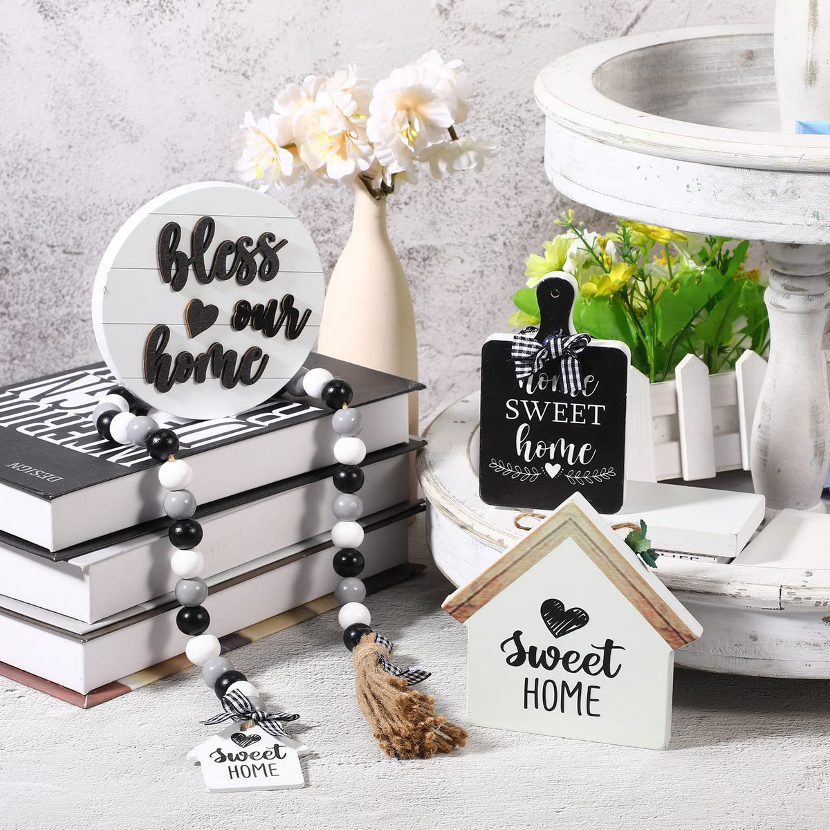 4 Pieces Farmhouse Tiered Tray Decor Set Including House Farmhouse Sign Wooden Small Items Plaid Wood Bead Garland for Home Decor(Simple Style)