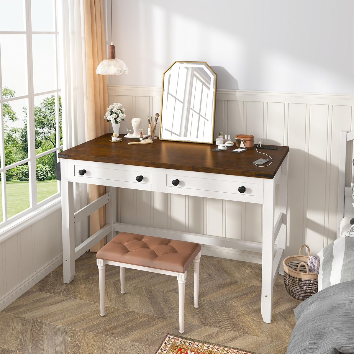 EnHomee 40" Small Desk for Bedroom, Computer Desk with Power Outlets for Home Office, Desks with Drawers and a Side Pocket, Brown+White