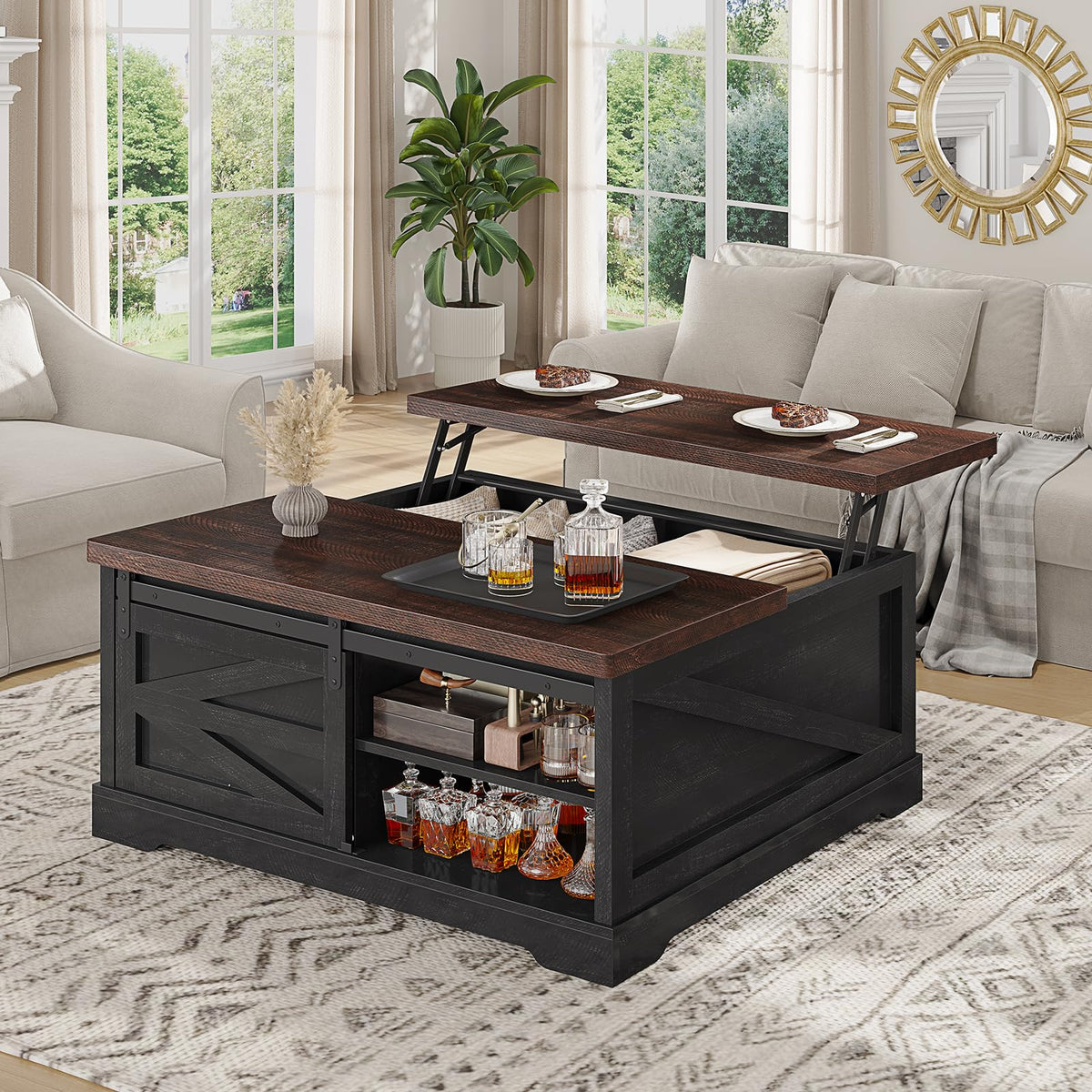 Itaar 39.4'' Lift Top Coffee Table with Storage, Farmhouse Coffee Tables for Living Room, Square Coffee Table with Large Hidden Compartment & 2 Drawers & Adjustable Shelves, Black