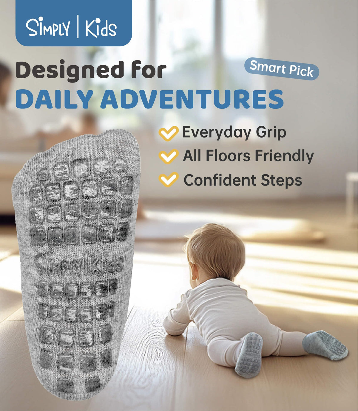 Simply Kids Toddler Socks with Grippers for Boy and Girl 1t-2t 2t-3t, Non Slip Baby Grip Socks for 12-18 18-24 Months
