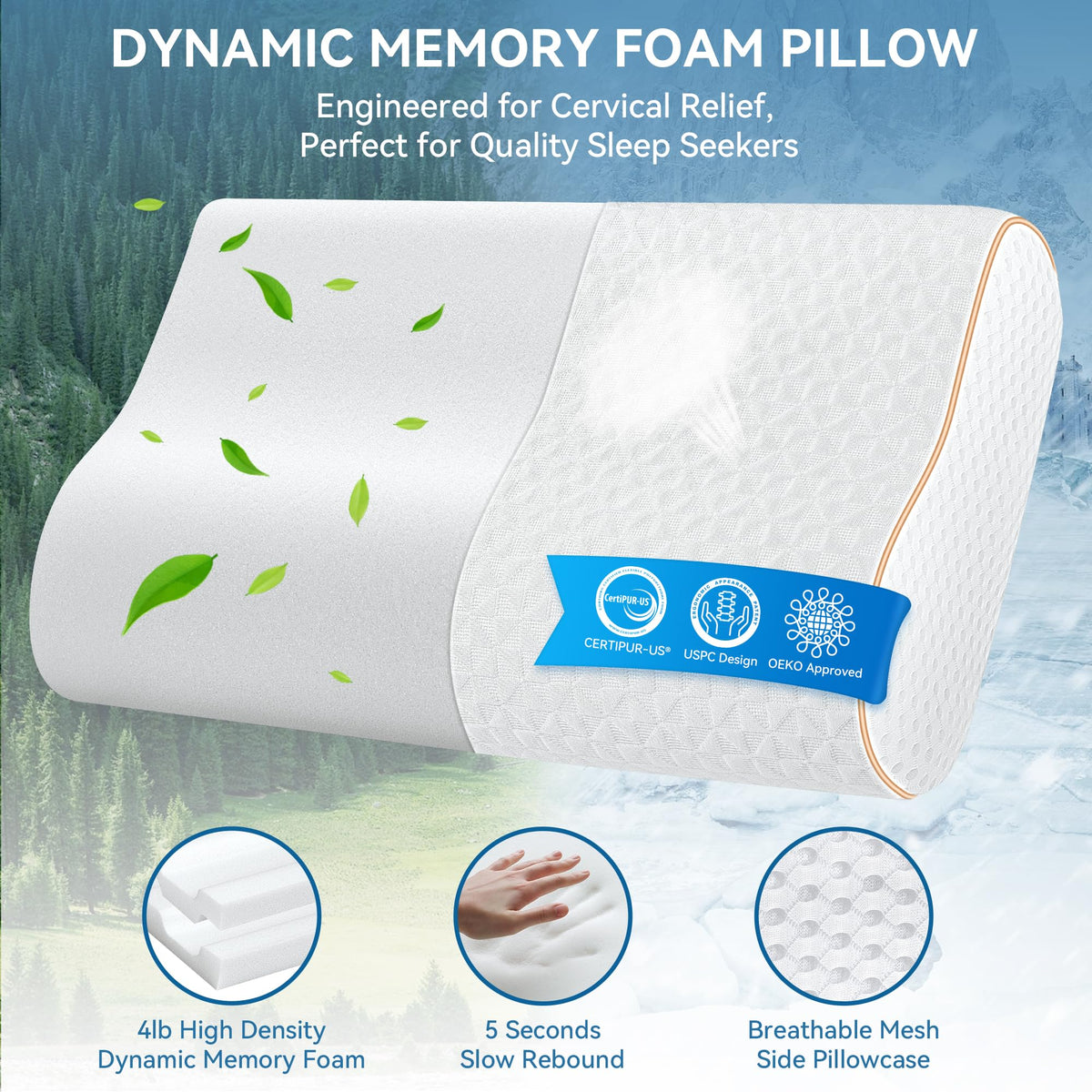 zibroges Sandwich Memory Foam Pillow for Sleeping - Ergonomic Cervical Cooling Pillows Queen Size, Adjustable Contour Pillow for Neck Pain Relief, Bed Pillow for Side, Back & Stomach Sleepers