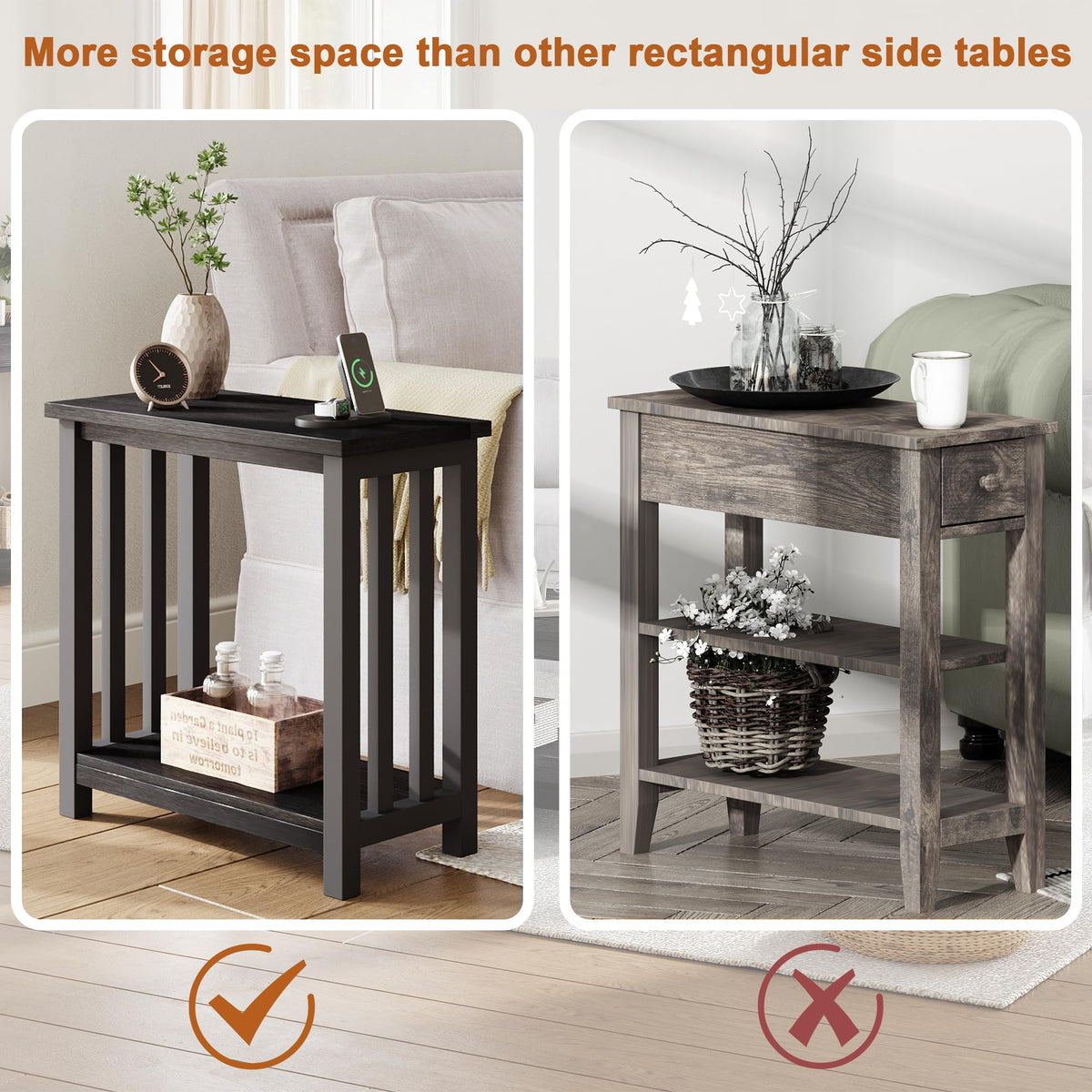 ChooChoo Mission End Tables Set of 2, Narrow Side Tables for Small Spaces, Night Stands with Storage Shelf for Living Room and Bedroom, Black