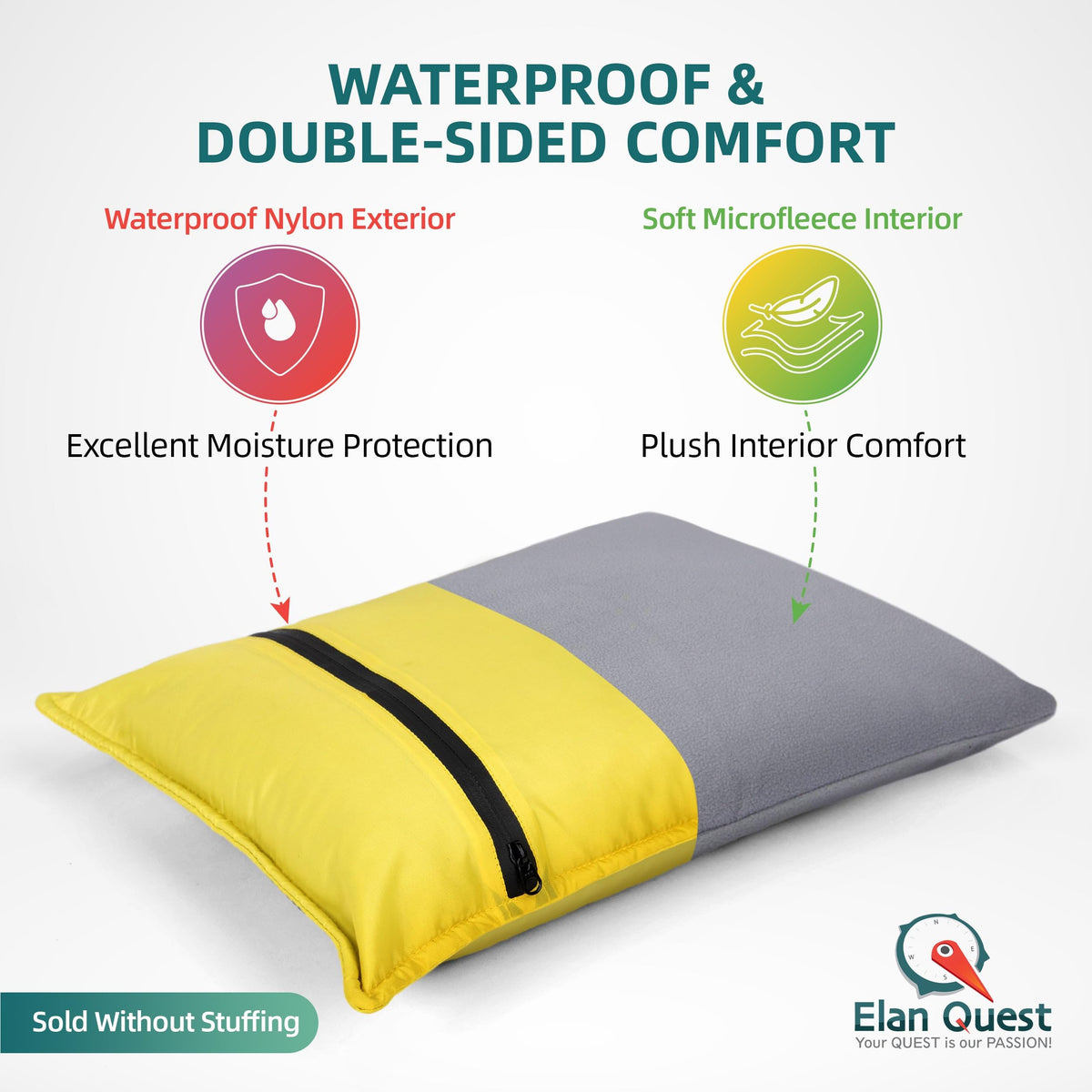 Elan Quest Stuffable Camping Pillow Sack (Small, Yellow) - 10 x 14 - Camping Essentials for Hiking, Backpacking and Travel Essentials - Sold Unstuffed Bring Your Own Stuffing