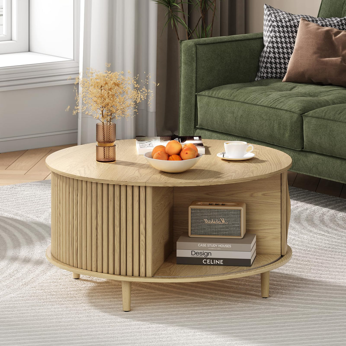 JOINICE,Round Coffee Table with Storage,Fluted Lift Up Coffee Table with Sliding Cabinet Door for Living Room,Home Small Space,31.5" Drum Center Table,Oak