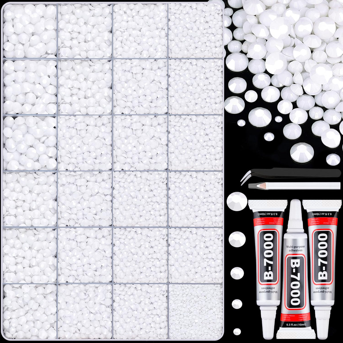 30000Pcs Resin White Rhinestones for Bedazzling Crafting with b7000 Jewelry Glue, Bulk Flatback Gems Bedazzler Kit for Crafts Clothes Shoes Fabric Nail Diamond Art, Assorted Size 2/3/4/5/6mm