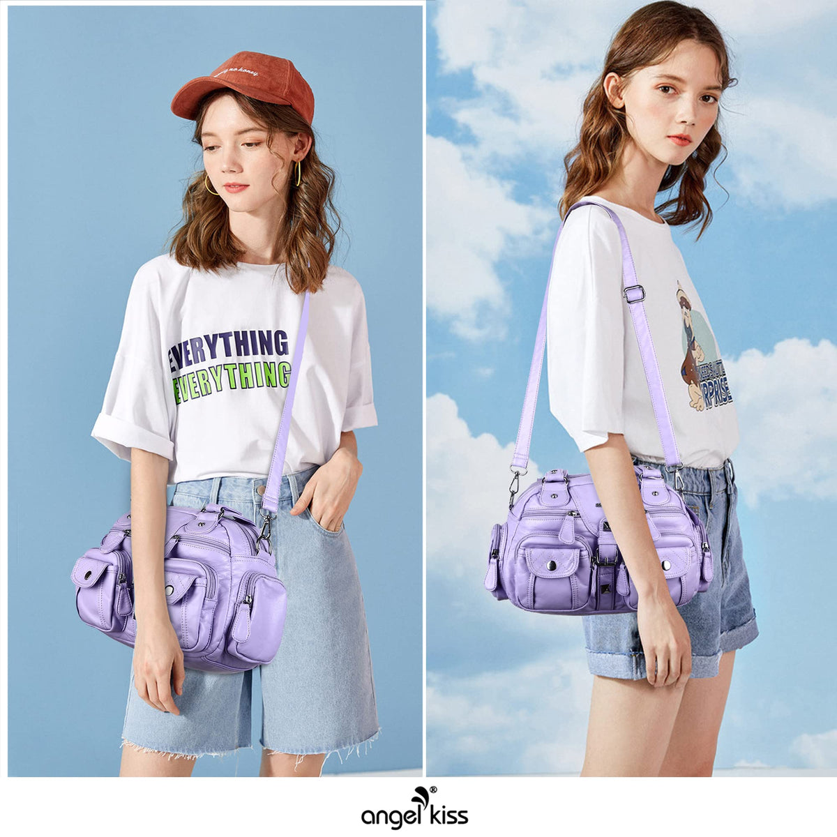 Angel Kiss Hobo Crossbody Purses for Women Shoulder Bag Multipocket Soft Hobo Purses Removable Strap Leather Handbags