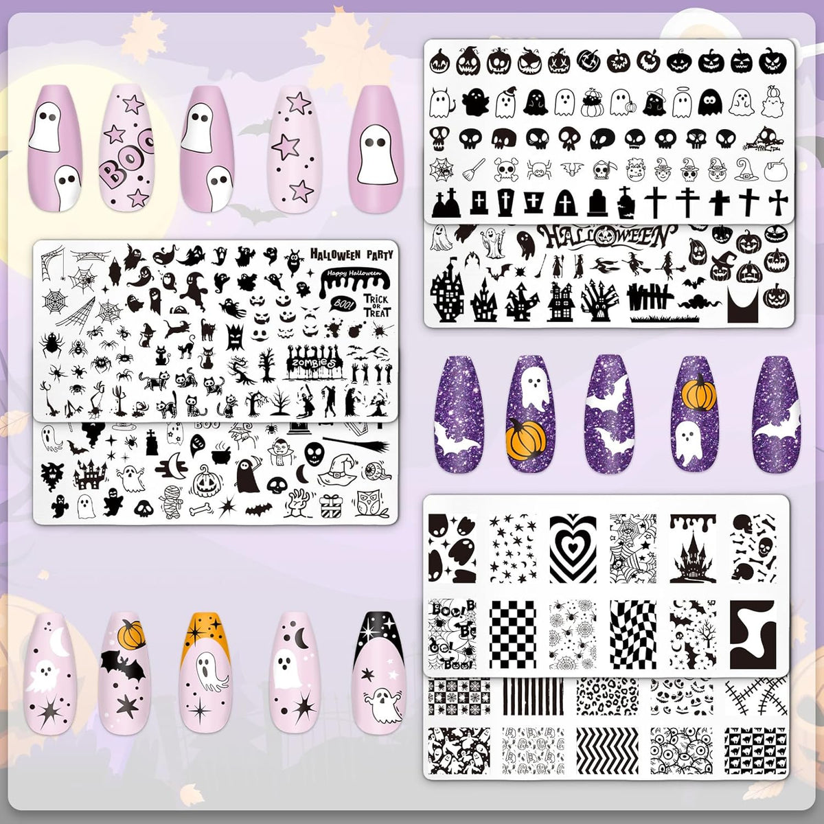 Whaline 6Pcs Halloween Nail Plates Stamping Set Pumpkin Ghost Skull Stamp Templates Nail Art Plates for DIY Print Manicure Salon Design Gift