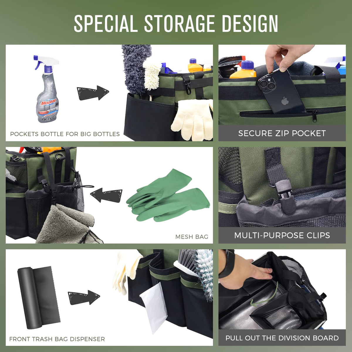 SCAVATA Wearable Cleaning Caddy Organizer with Handle & Shoulder Straps for Housekeepers, Under Sink & Car Cleaning Tool Organizer Bag with 4 Foldable Dividers (Green)