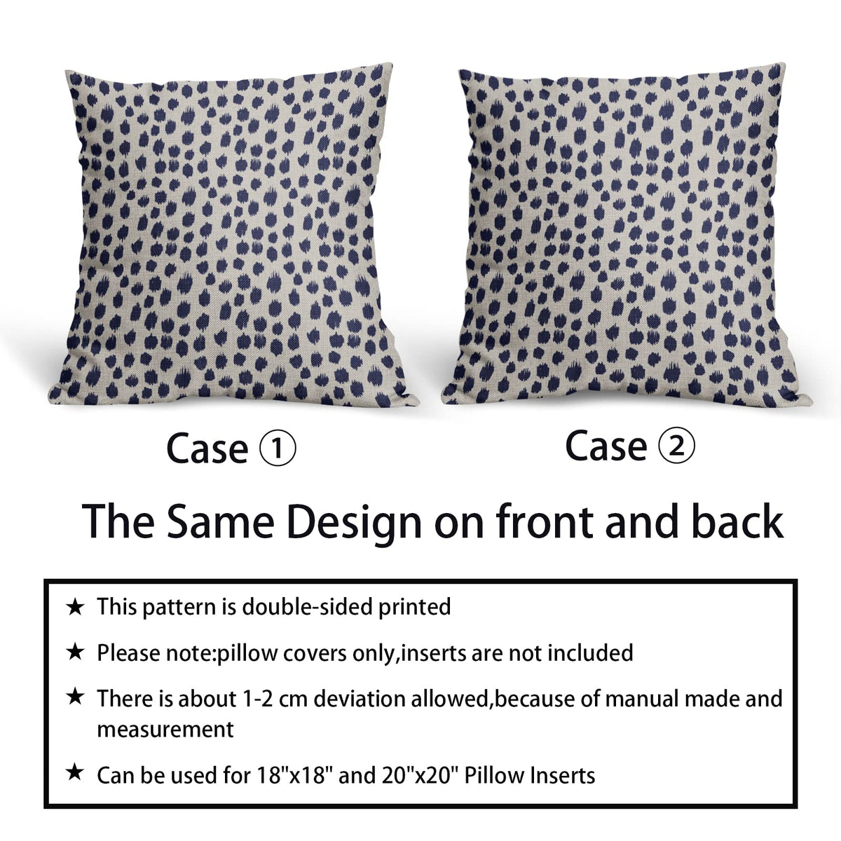 Navy Blue Cream Pillow Covers 18x18 Set of 2 Polka Dot Throw Pillows Outdoor Boho Design Brush Strokes Decorative Pillowcase Square Cushion Cover Linen Pillow Case for Home Sofa Couch Bed