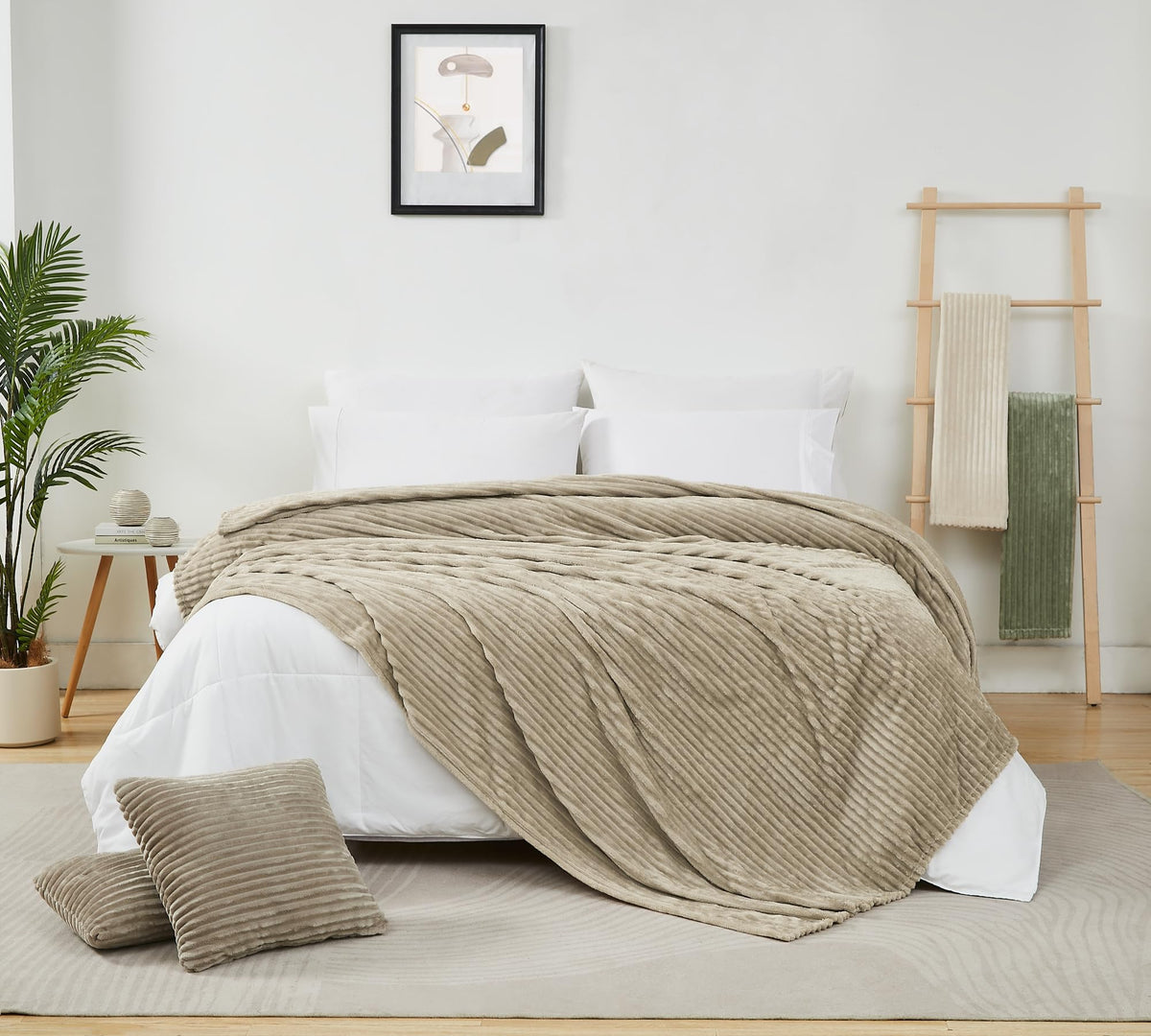 Geniospin Fleece Blanket Queen Size – 280GSM Super Soft Lightweight Bed Blanket with Strip, 3D Ribbed Jacquard, Plush Fuzzy Cozy Microfiber, Warm and Breathable (Taupe, 90x90 inches)