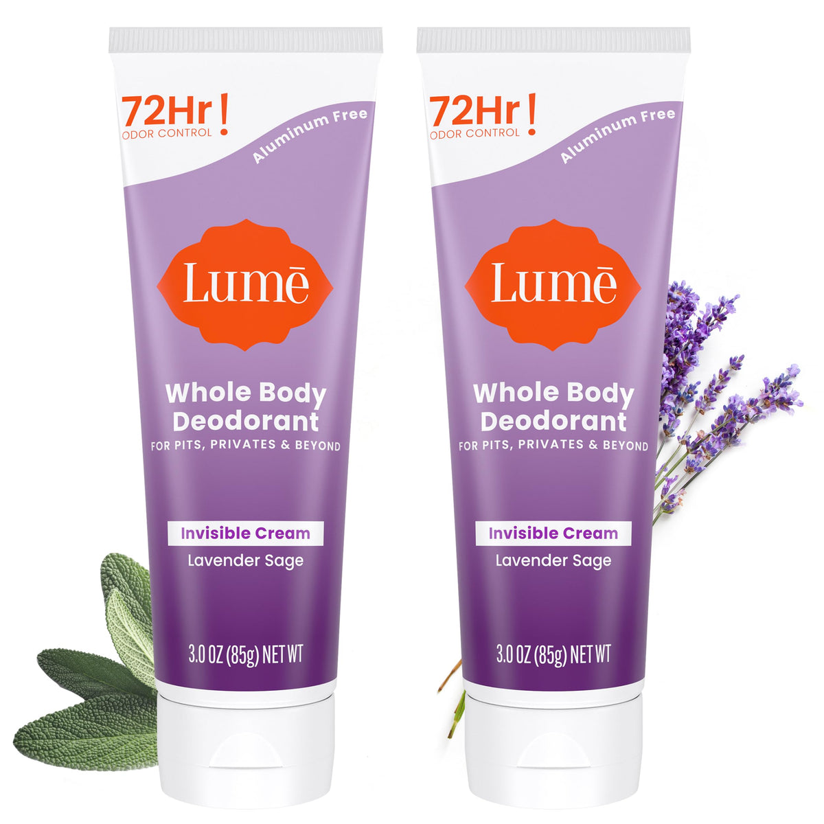 Lume Whole Body Deodorant - Invisible Cream Tube - 72 Hour Odor Control - Aluminum Free, Baking Soda Free, Skin Safe - 3.0 ounce (Pack of 2) (Soft Powder)