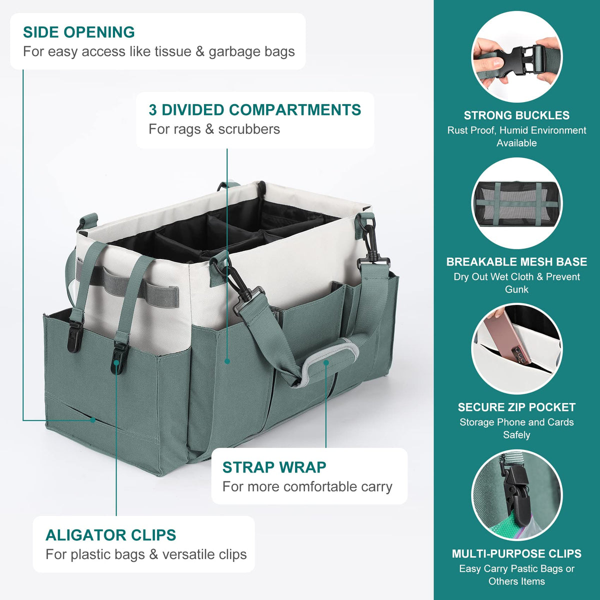 LANDNEOO Cleaning Caddy Organizer with Handle, Wearable Bag for Supplies, Tote Shoulder and Waist Straps, Under Sink Tool Multiple Compartments (Large) (QJB-BLS)