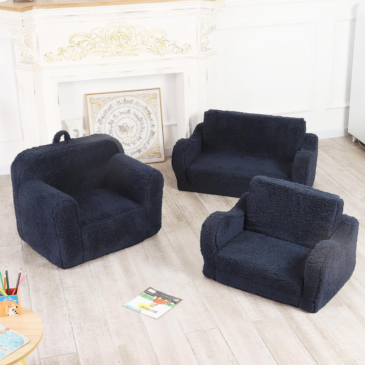 MOMCAYWEX Kids Chairs for Toddler, 2-in-1 Toddler Soft Sherpa Couch Fold Out, Convertible Sofa to Lounger for Girls and Boys, Dark Blue