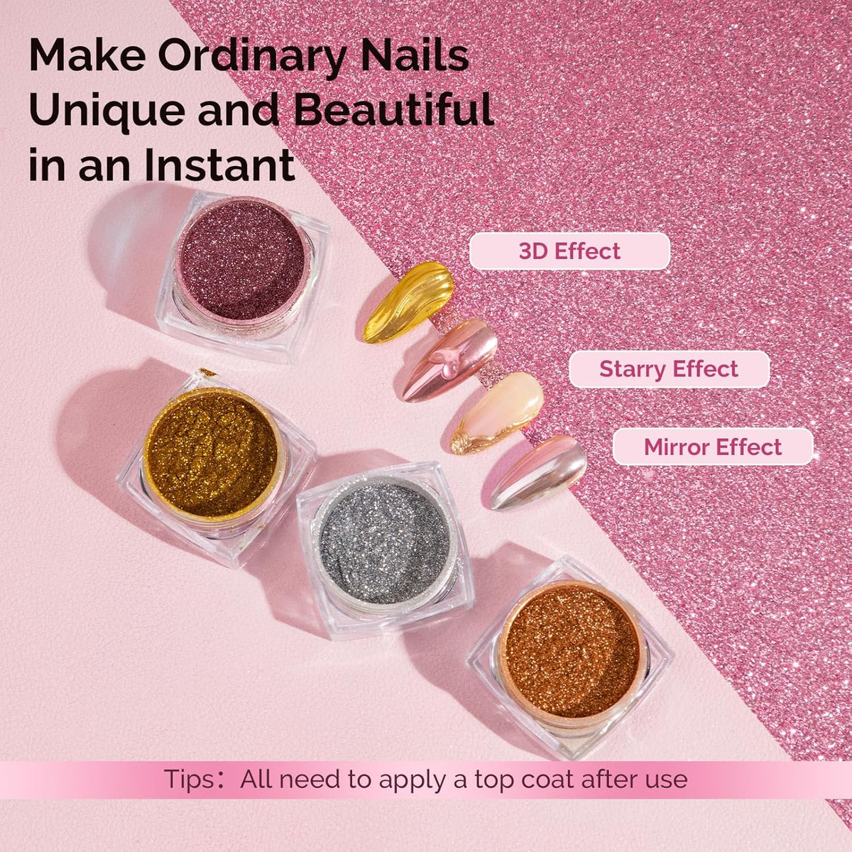 MelodySusie 4Pcs Chrome Nail Powder for Gel Nails,Metallic Mirror Effect Pigment Stylish and Technological Fine Glitter for Home DIY Salon Use
