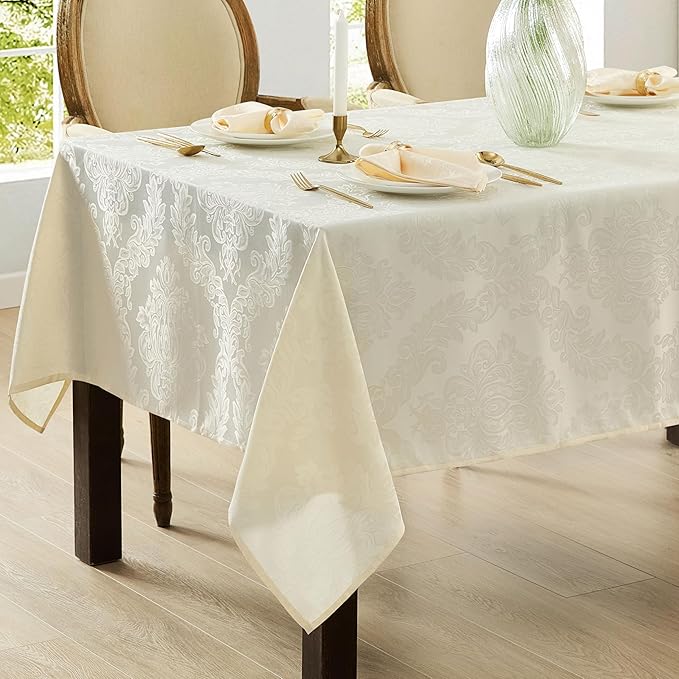 Newbridge Barcelona Luxury Damask Fabric Tablecloth, 52” Wide x 52” Square, Antique White, 100% Polyester, No Iron, Soil Resistant Dining Room, Party and Banquet Table Cover