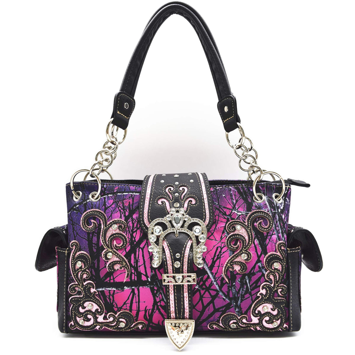 Camouflage Crown Buckle Western Style Purse Floral Shine Glow Country Handbag Women Shoulder Bag Crossbody Wallet Set (Purple)