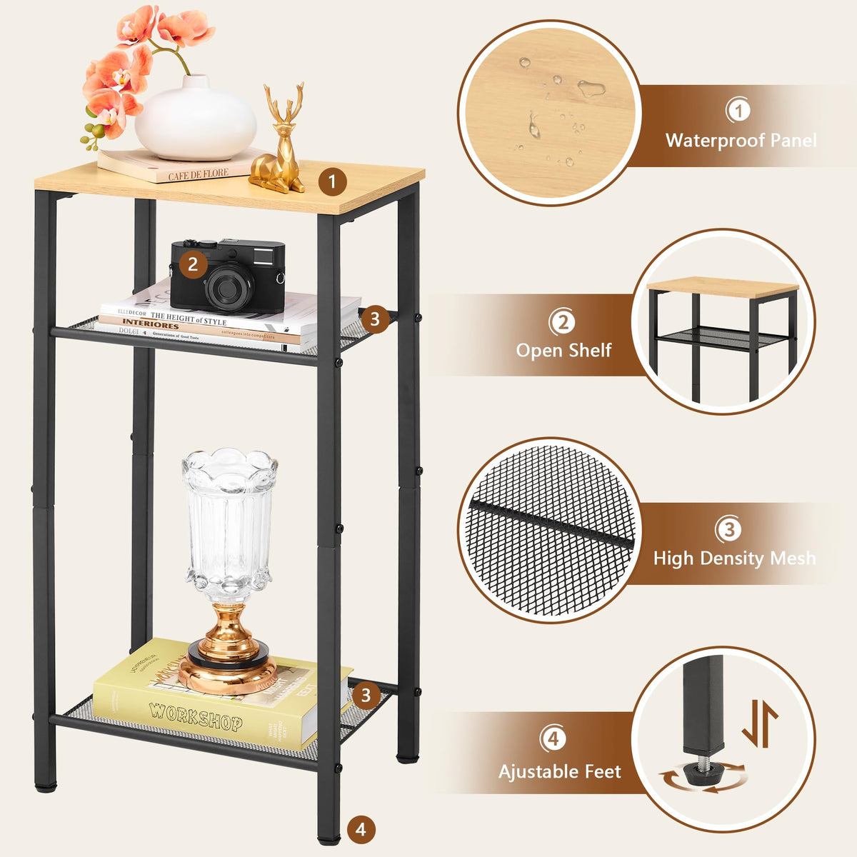 Hoctieon 2-Set 3 Tier End Table, Telephone Table Set of 2, Tall Side Table with Storage Set of 2, Small Nightstand for Small Spaces, Metal Frame, Black+Yellow Oak