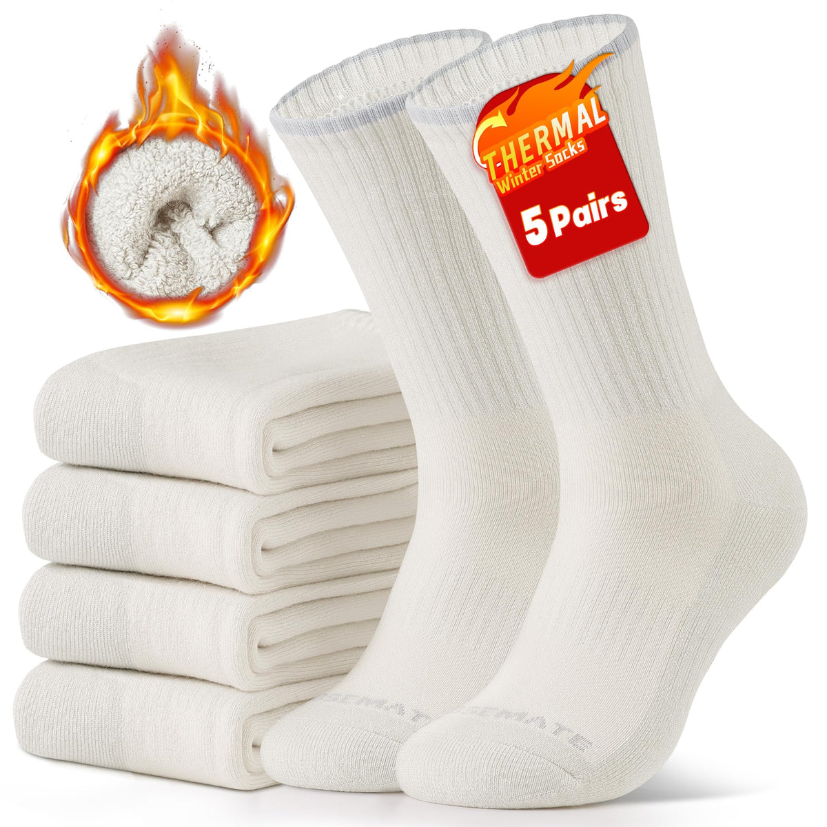 CLOSEMATE Mens Thermal Winter Crew Socks for Boots Thick and Warm for Cold Weather Work Hiking 5 Pairs(5 Beige White, Size L)