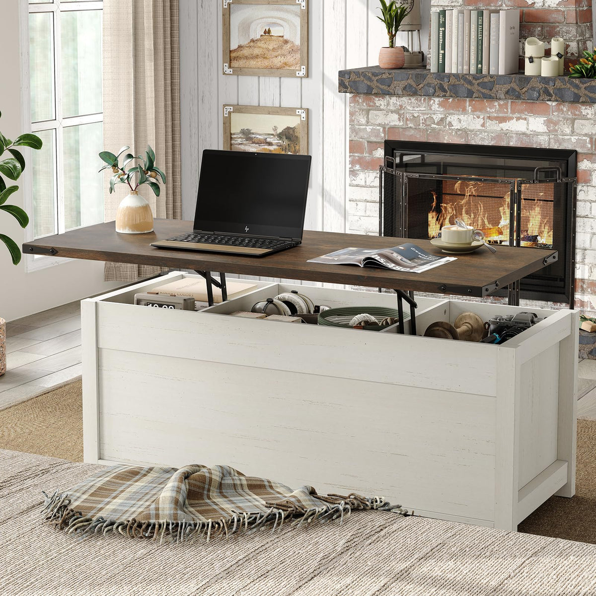 Furnihold 47.3'' Lift Top Coffee Table with Storage, Modern White Coffee Table with Sliding Barn Doors, Farmhouse & Rustic Rectangle Center Table for Living Room, Office, Brown Top