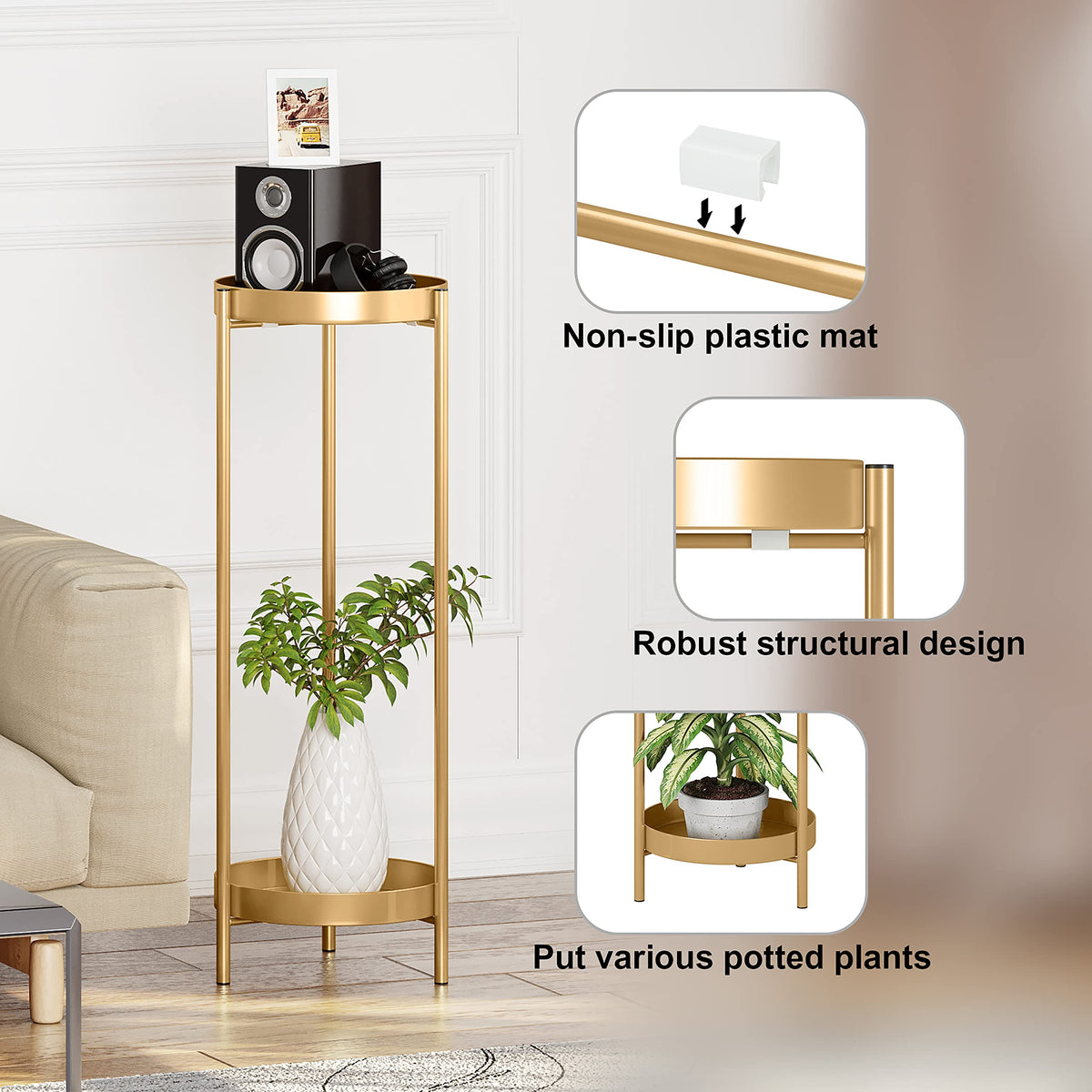 Philodwell Metal Gold Tall Plant Stand Indoor or Outdoor - 30 inch 2 Tier Modern Corner Planter Shelf Rack with 2 Removable Display Shelves(10 inch) for Bedroom Living Room Balcony