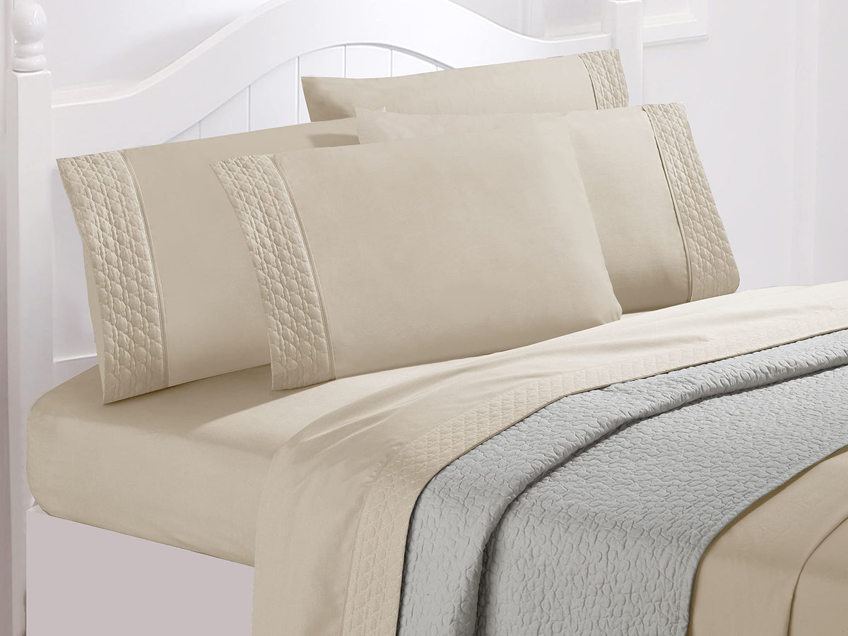 Elegant Comfort Luxury Soft Coziest 4-Piece Bed Sheet Set 1500 Thread Count Egyptian Quality Wrinkle Resistant Beautiful Quilted Design on Flat Sheet and Pillowcases, Full, Cream
