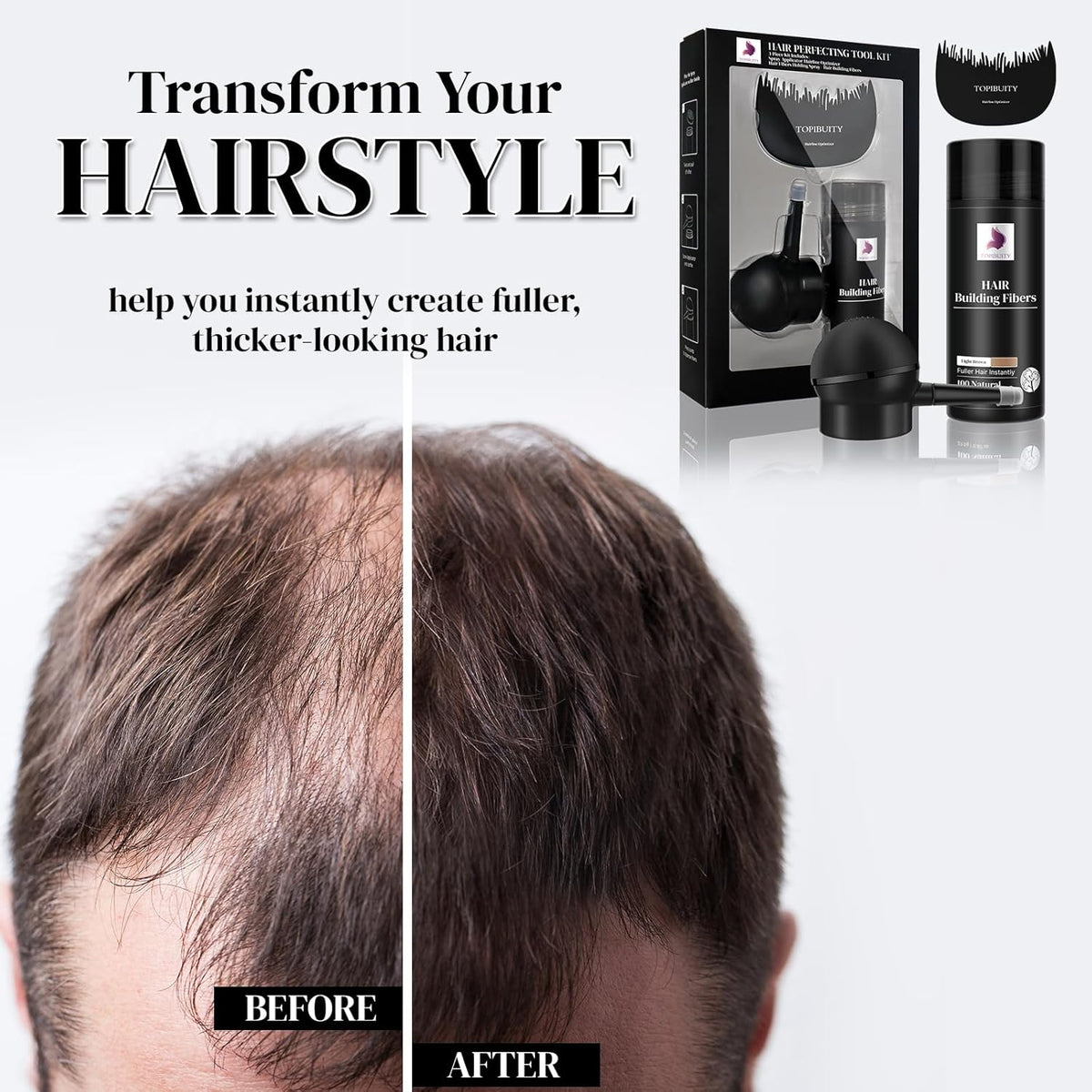 Hair Fibers & Applicator 3-in-1 Set - Natural Concealing Hair Thickening Fibers - Long-Lasting Spray with Accessory for Crisp Hairlines, Thicker Beard & Styling (light brown)