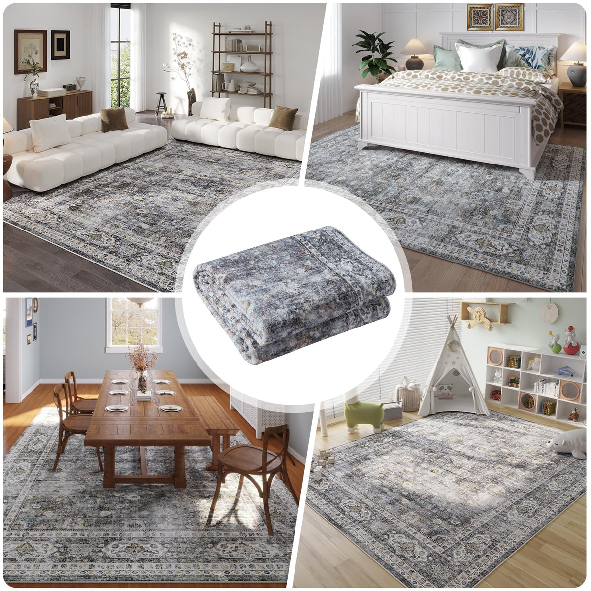 Rugcomf 8x10 Rug Washable Boho Rug Soft Large Area Rug Non-Slip Non-Shedding Faux Wool Vintage Rug for Living Room, Farmhouse, Dining Room, Indoor, Kids Playroom (Grey)