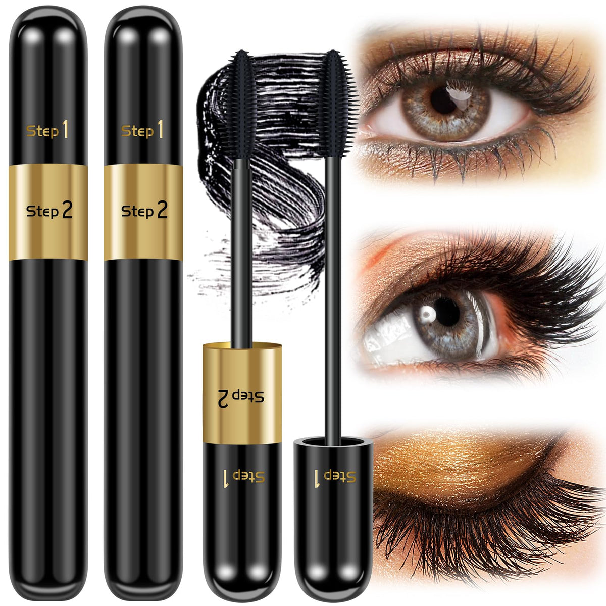 Mascara Volume and Length, 2 in 1 Waterproof Mascara Black, 2 Pack Falsies Voluminous Lengthening Smudge Proof 4D Silk Fiber