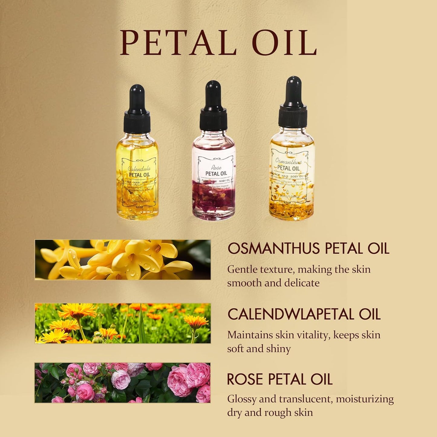 Calendula Essential Oil with Flower Petal, Sunflower Seed, Olive Fruit Natural Massage Oils for Nails, Hair, Body, Face Moisturizing Skincare Oil Serum Dry Hair Strengthening Treatment All Types 30ml