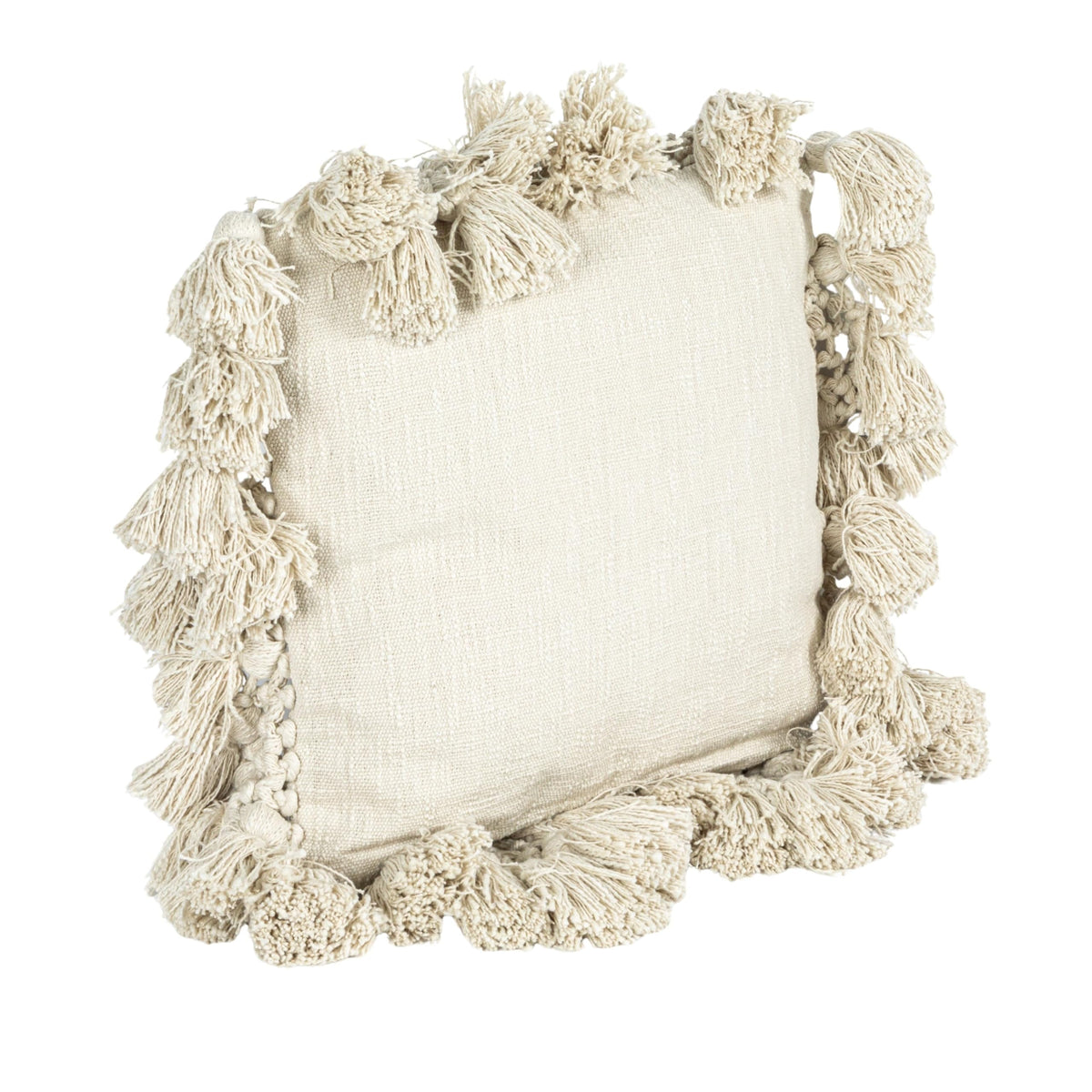 Creative Co-Op Cotton Slub Pillow with Crochet and Tassels, 1 Count (Pack of 1), Cream