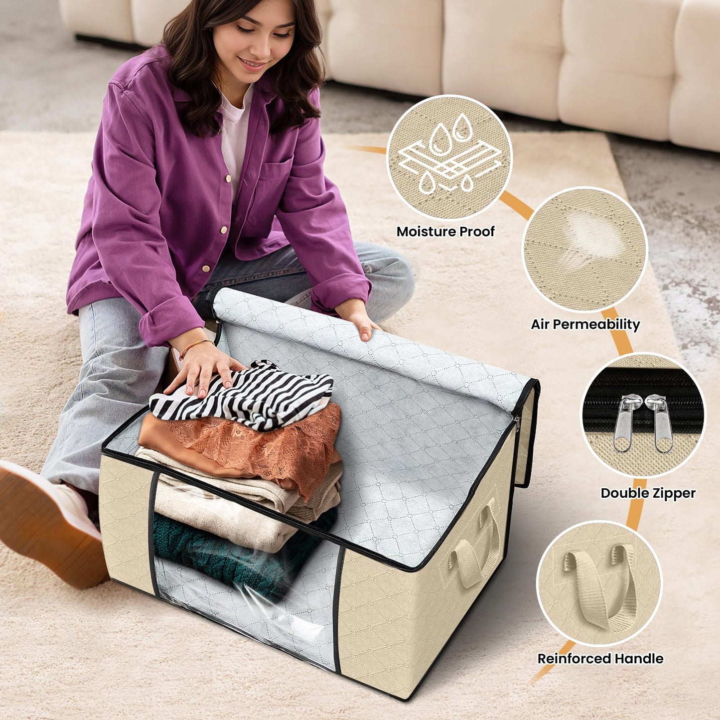 Fab totes 10 Pack Clothes Storage, Foldable Thick Fabric Blanket Storage Bags, Containers for Organizing Bedroom, Closet, Clothing, Comforter,Organization with Handle,Beige