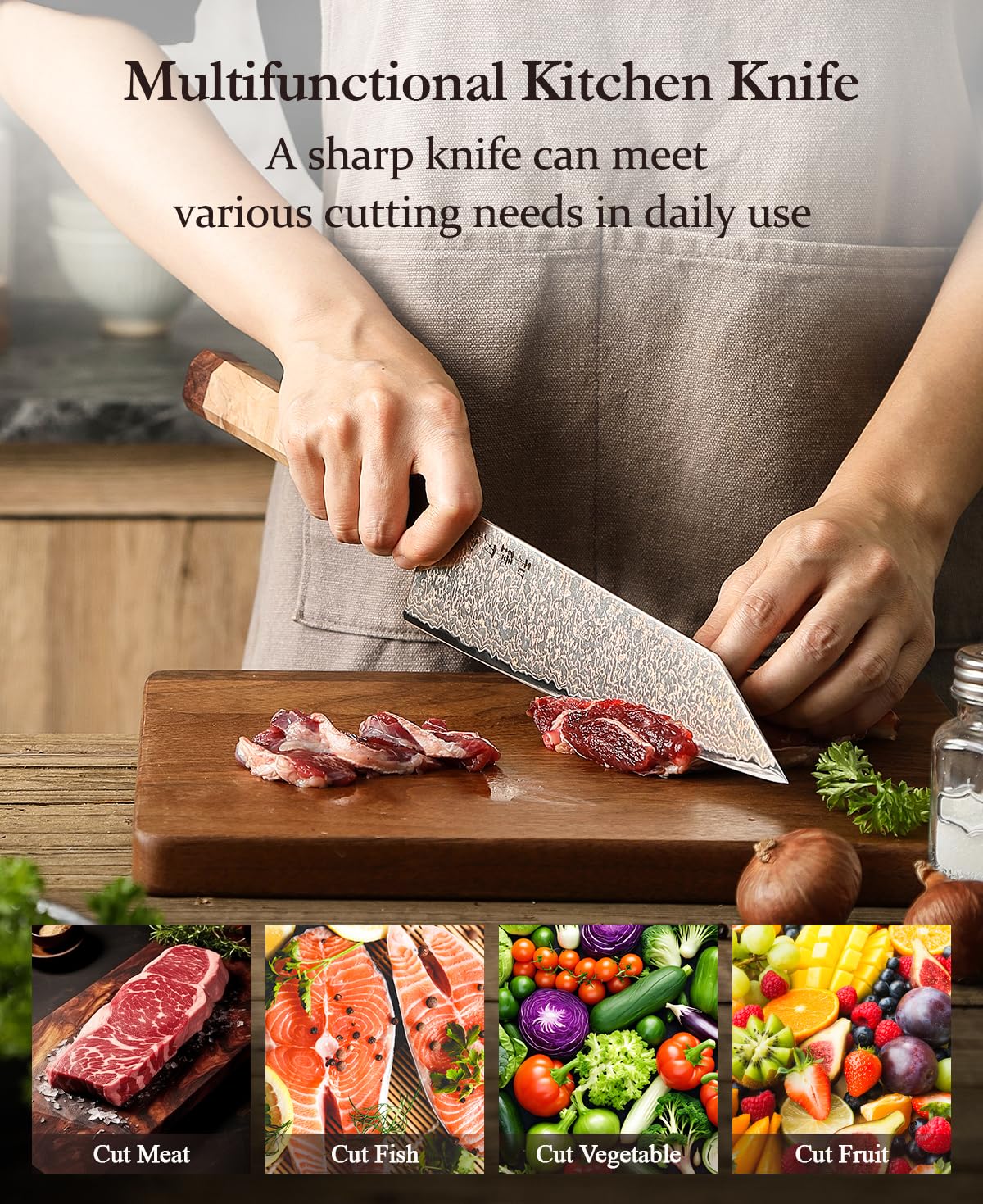 HEZHEN Kiritsuke Chef Knife,8.3 Inch, 37 Layers Tricolor Copper Damascus Steel-Japanese Damascus Knif- Professional Knife for Chefs&Home Cooking-Razor Sharp,Sycamore Wood Handle