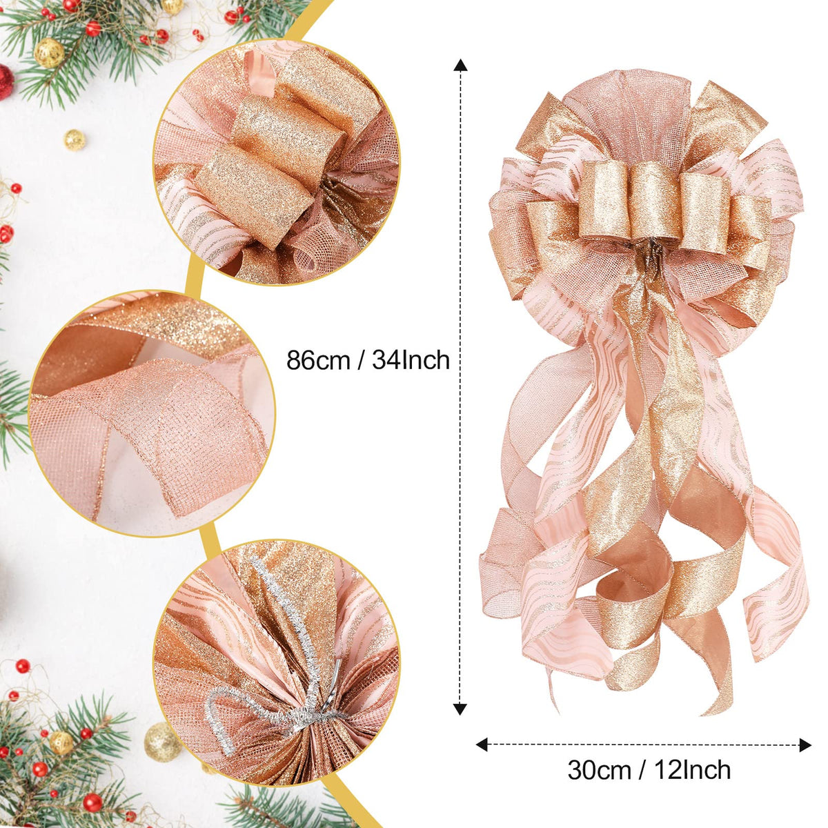Syhood Christmas Tree Topper Decorations 34x12 Inch Large Christmas Bows Tree Ornaments and 24 Pcs Christmas Tree Flowers for Christmas Holiday Party Decorative(Rose Gold)