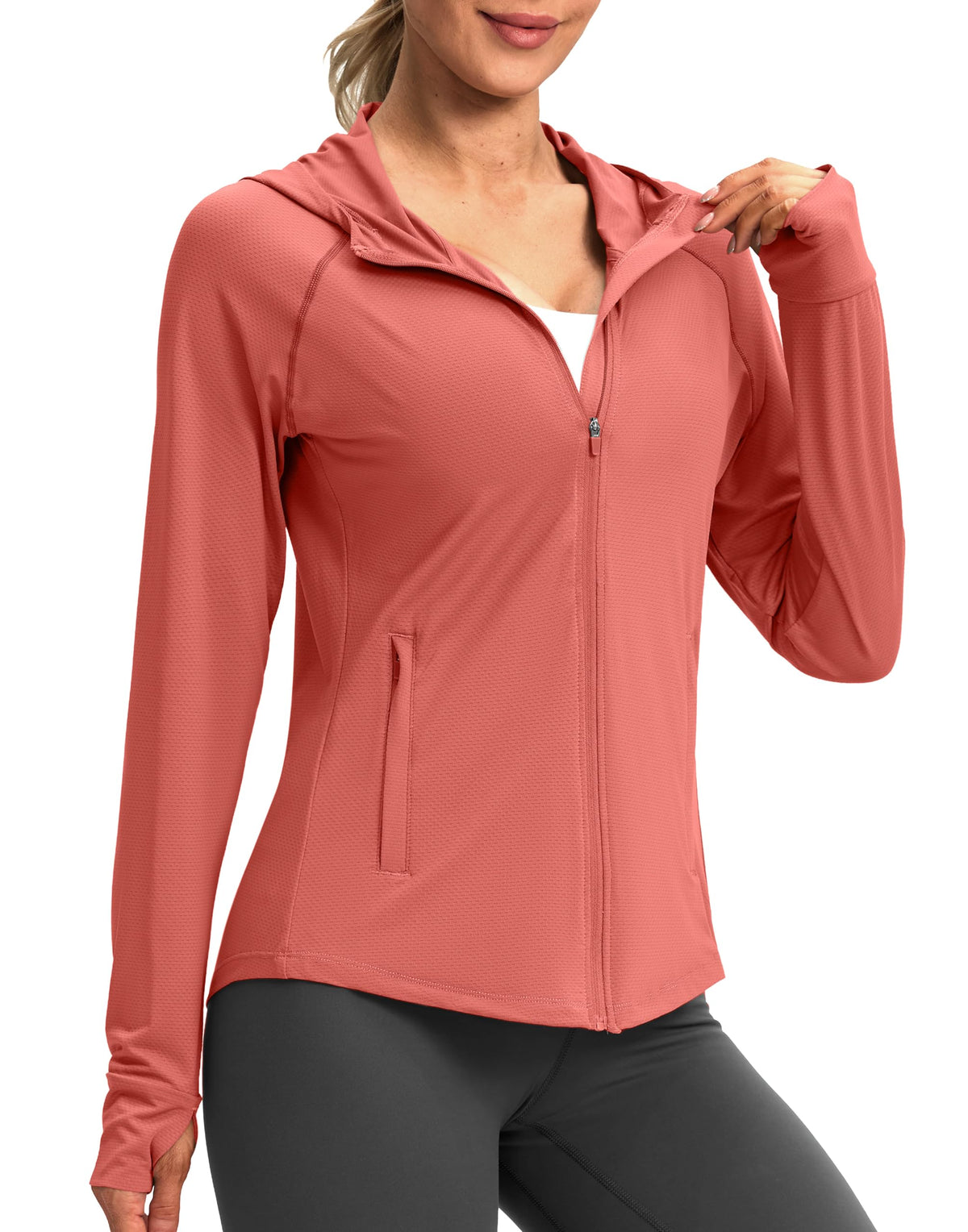 G Gradual Women's UPF 50+ Sun Protection Hoodie Jacket Lightweight Zip Up Jackets Long Sleeve Shirts for Women Hiking Outdoor(Coral,XL)