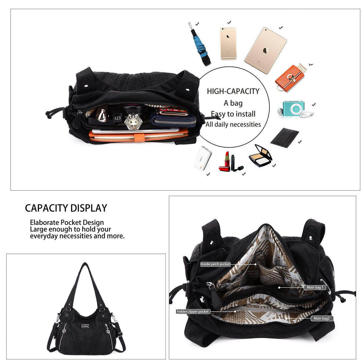 Purses and Handbags Women Fashion Tote Bag Shoulder Bags Top Handle Satchel Purses Washed Synthetic Leather Handbag 1-2#black 13.8 * 4.7 * 11.8 inches