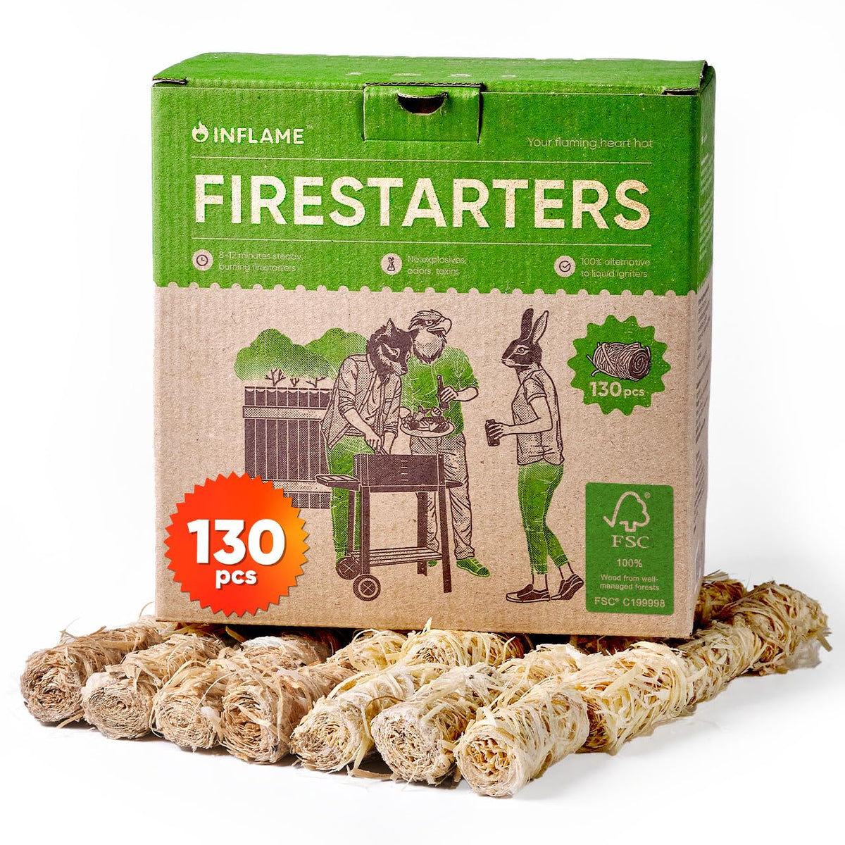Inflame Fire Starters 130 pcs Fire Starters for Campfires, Grill, BBQ, Fireplace, Woodstove - Charcoal Starter - Waterproof, Weather-Resistant - Natural Wood Fireplace Starters