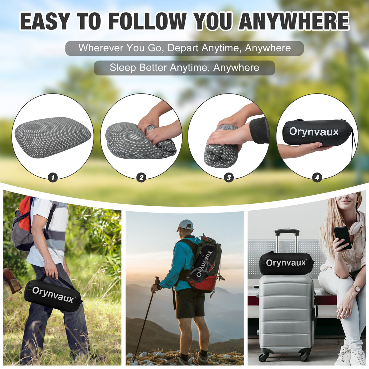 Orynvaux Memory Foam Camping Pillow, Portable Travel Pillow with Breathable Detachable Pillowcase, Compact & Lightweight for Camping, Hiking, Backpacking, Airplane Travel, Includes Storage Bag