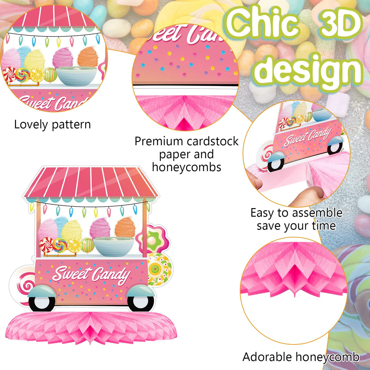 Marspark 10 Pieces Candyland Party Decorations Lollipop Table Topper Sweet Candy Table Centerpieces Boho Honeycomb Centerpieces Lollipop Decorations for Birthday Baby Shower Sweet Shop Party (Candy)