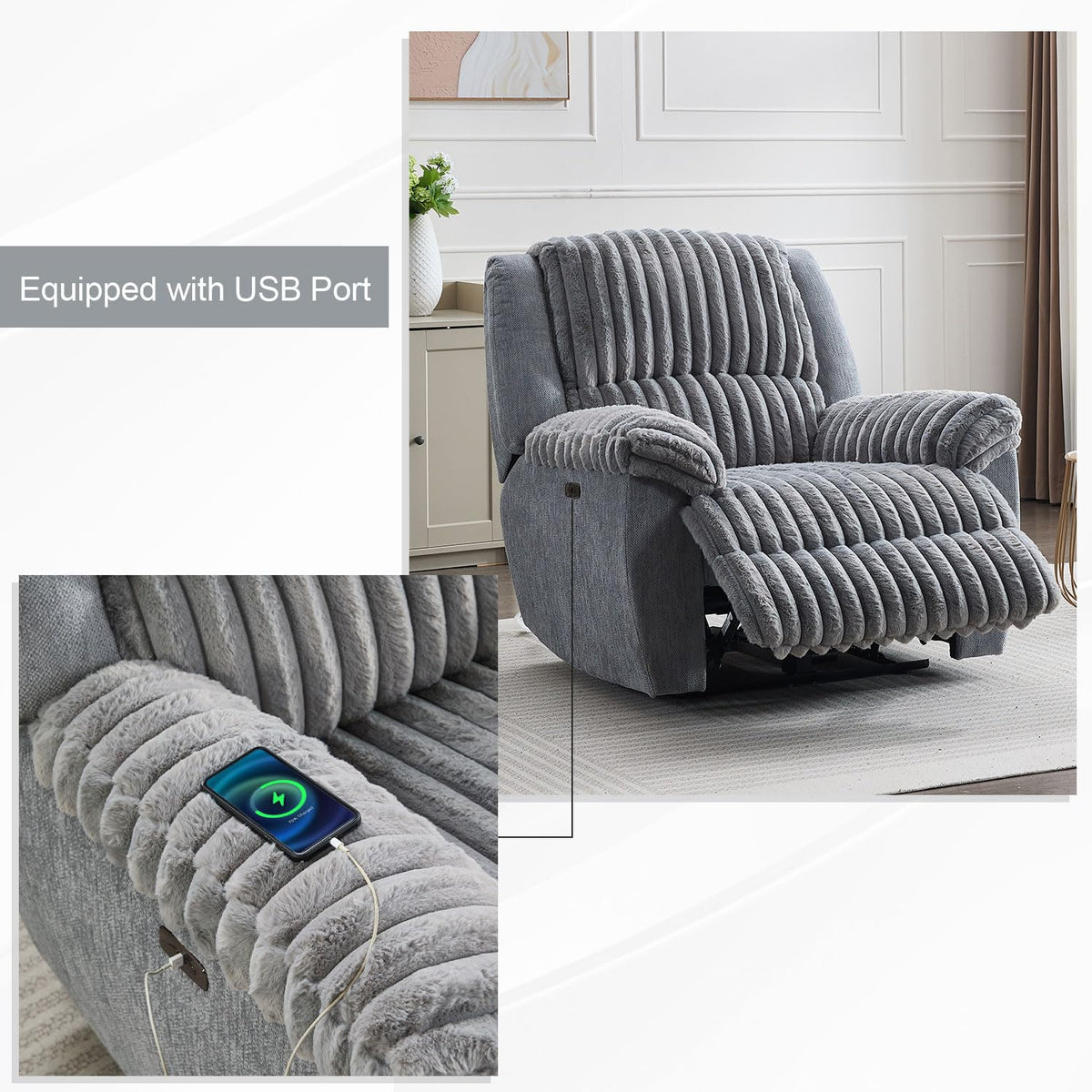 Oversized Power Recliner Chair for Adults, 42" Wide Electric Reclining Chair with USB Port, Faux Fur Overstuffed Single Recliner Chairs for Living Room/Bedroom/Office