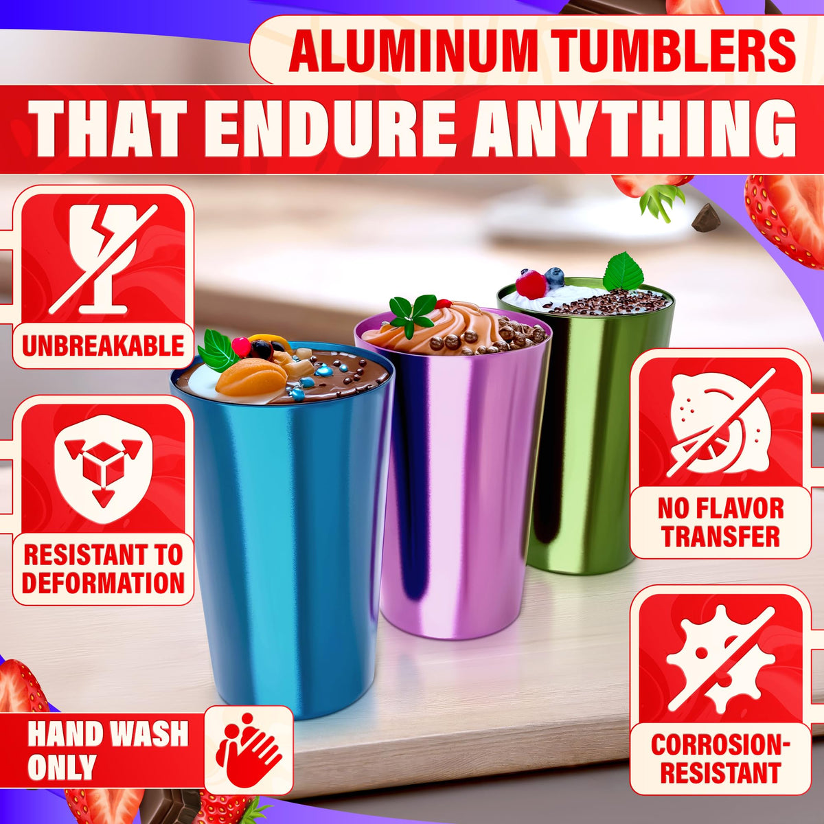 6 Pcs Aluminum Tumblers 15 oz - Lightweight, Durable, and Reusable Metal Cups | Vibrant Festive Colors for Hot and Cold Beverages | Sturdy Anodized Design for Parties and Outdoor Use | Dishwasher Safe