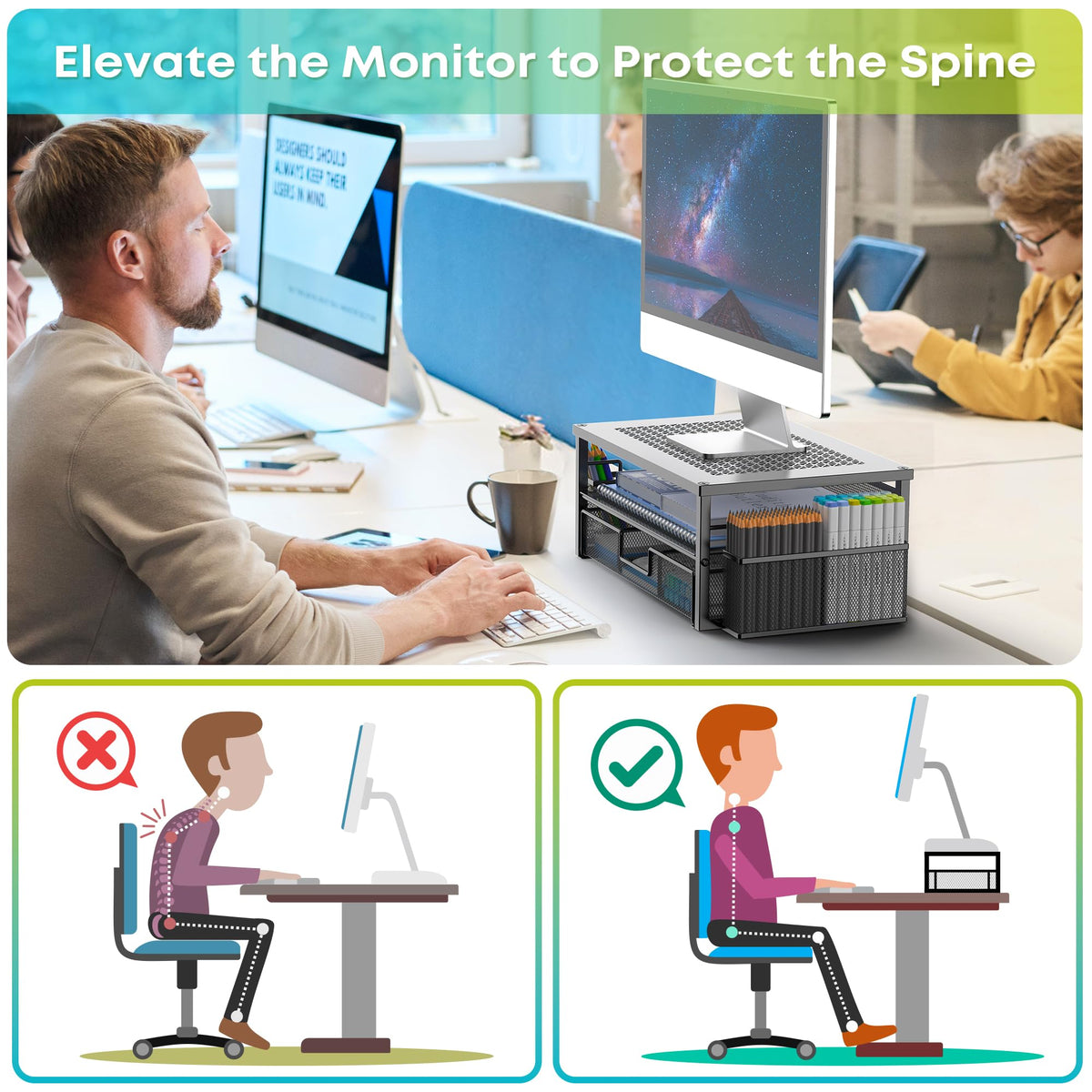 MINDEPOT 2 Tier Computer Monitor Stands with Drawer and 2 Pencil Holder, Metal Monitor Stand, Office Desk Accessories Workspace Desktop Organizers for Office Supplies, Black