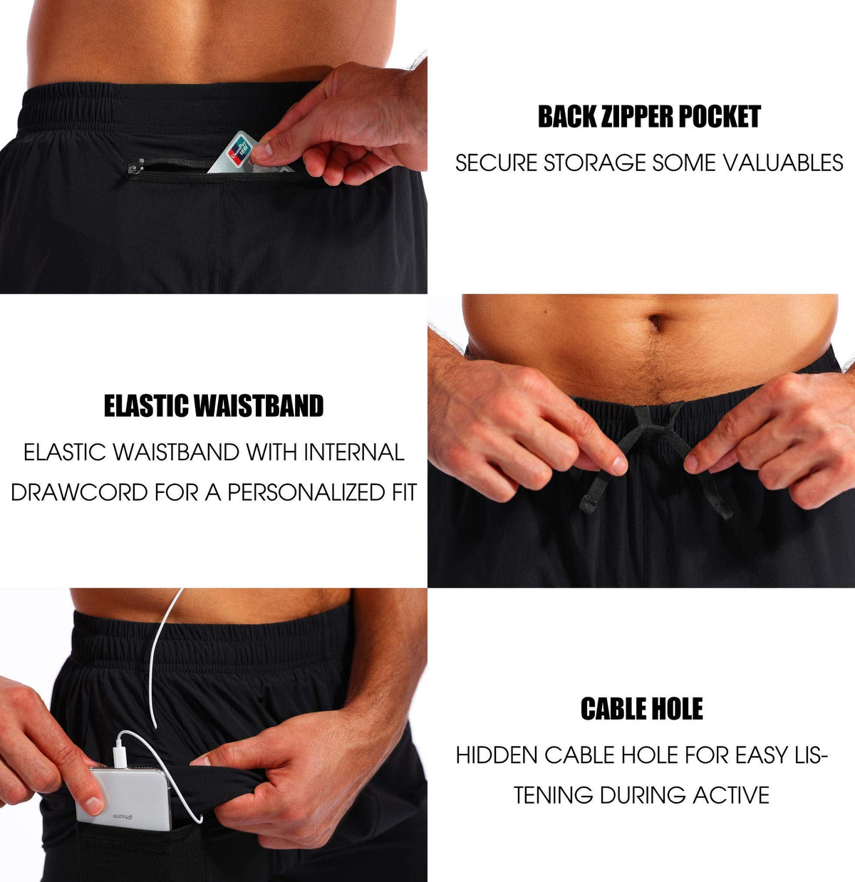 Pudolla Men’s 2 in 1 Running Shorts 5" Quick Dry Gym Athletic Workout Shorts for Men with Phone Pockets(Black Large)