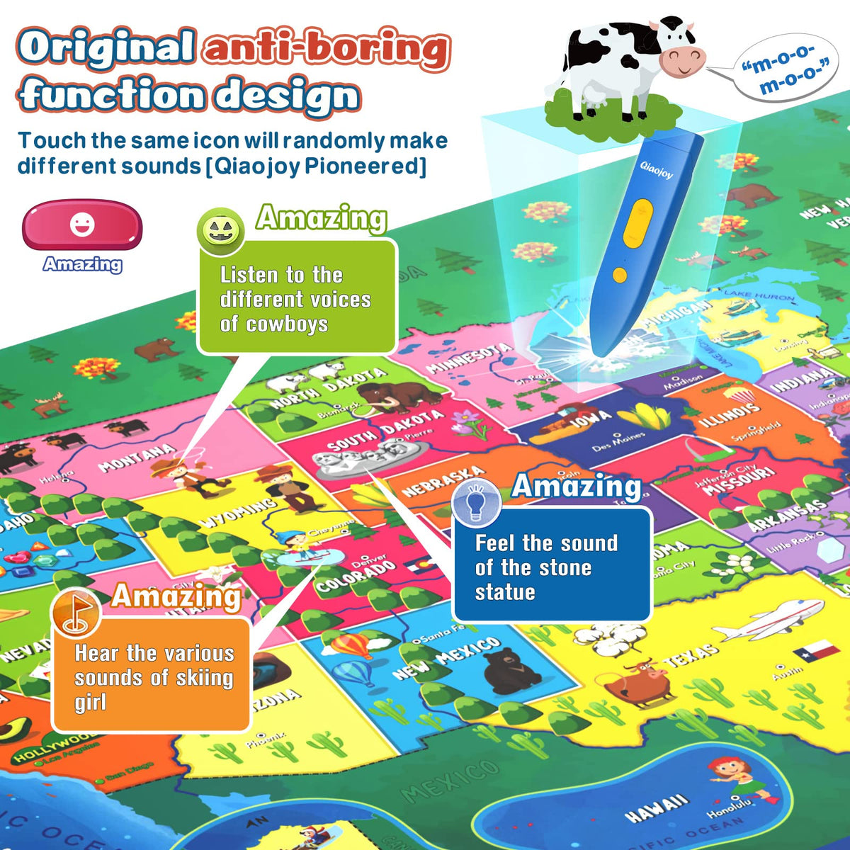 Qiaojoy V2 Interactive Kids Map Bilingual United States Map for Kids Learning, Educational Talking USA Map Poster Geography Games Personalized Kids Toys for Boys & Girls Ages 3-12