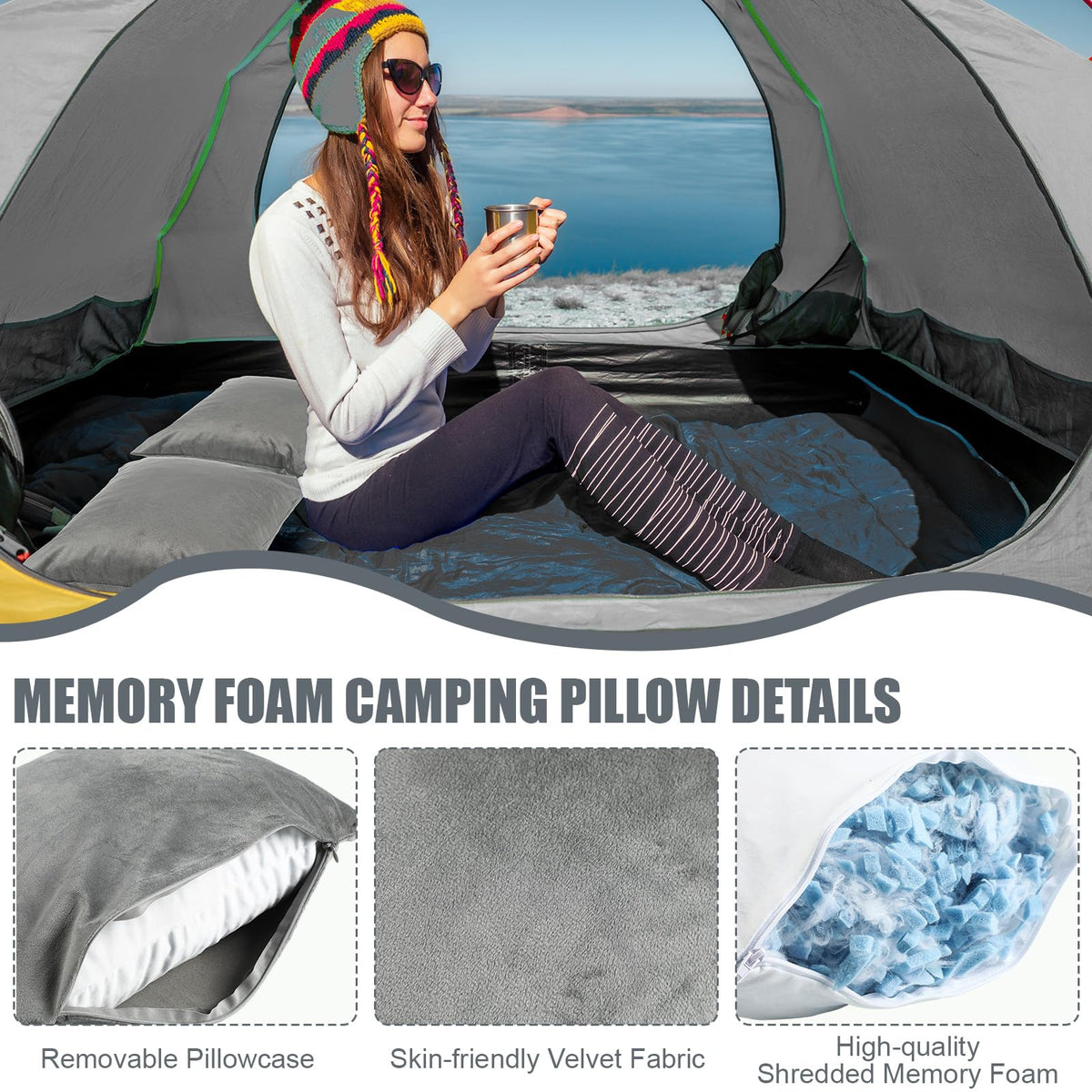 SmoothNovelty 2 Pack Camping Pillow for Sleeping Shredded Memory Foam Travel Pillow with Storage Bag, Compressible Portable Pillow for Outdoor Camp Backpacking Hiking Essential Gear (Grey,Small)
