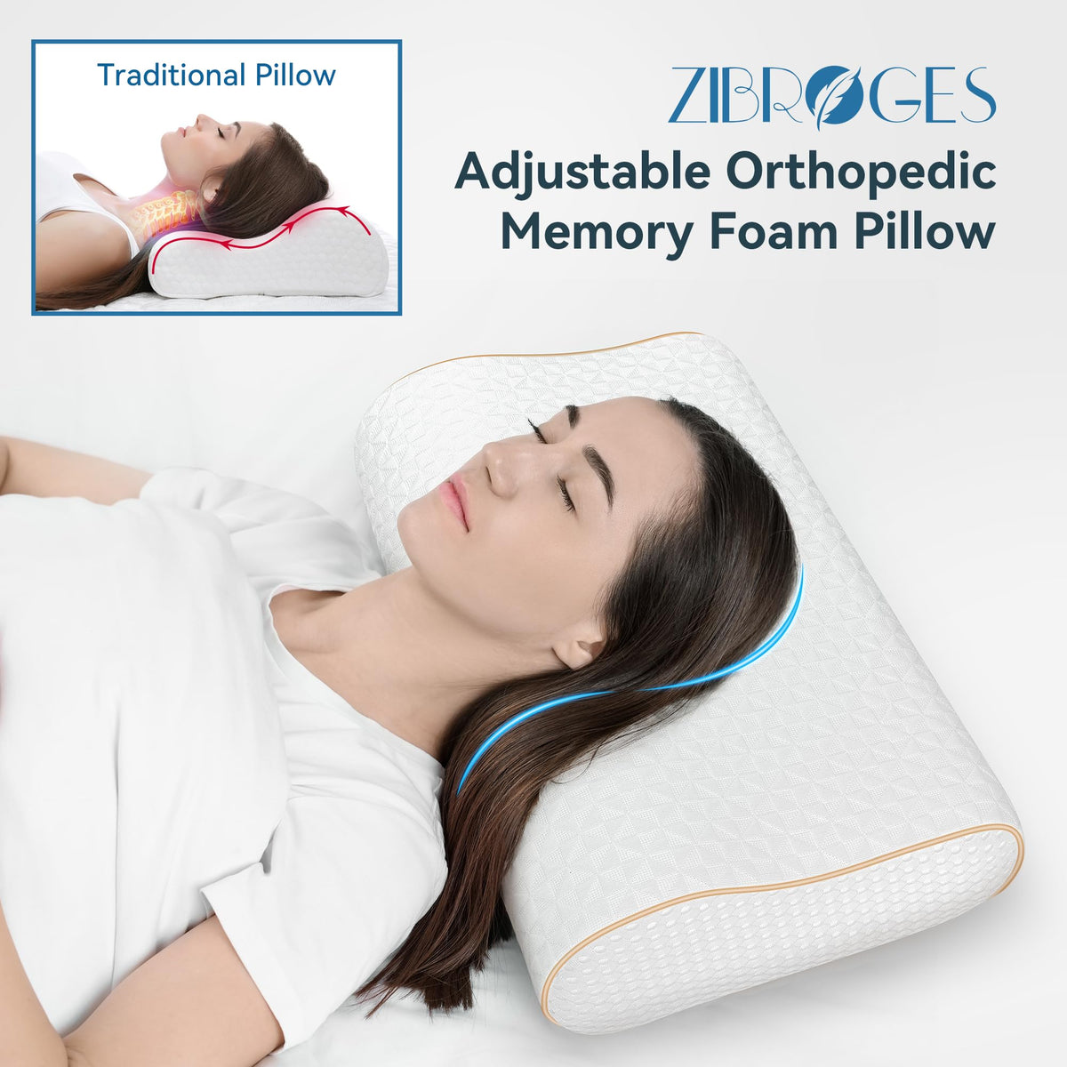 zibroges Sandwich Memory Foam Pillow for Sleeping - Ergonomic Cervical Cooling Pillows Queen Size, Adjustable Contour Pillow for Neck Pain Relief, Bed Pillow for Side, Back & Stomach Sleepers